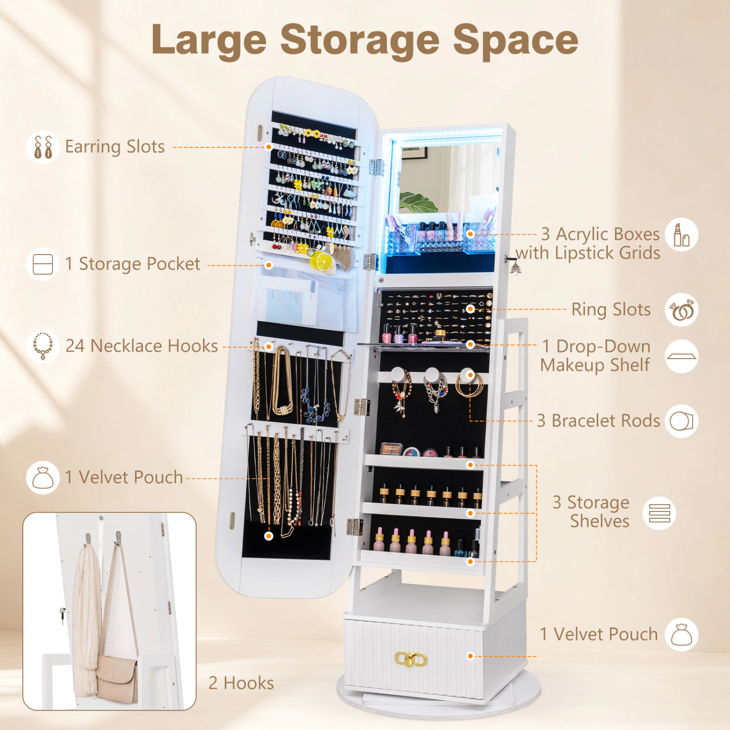 LJG Swivel Jewelry Cabinet with Full-Length Mirror and LED Lights and Storage Shelves