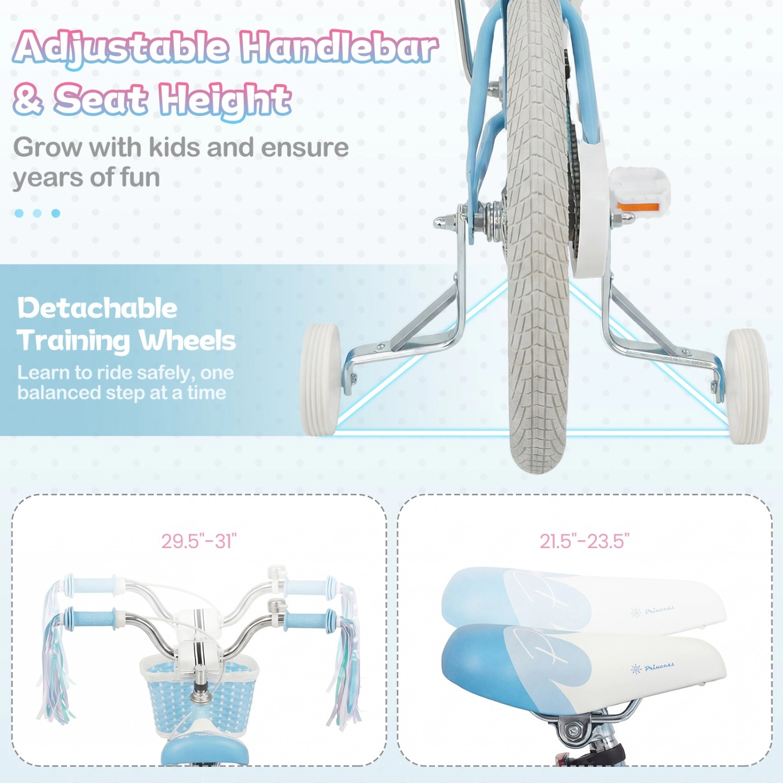 SUGIFT Adjustable 16-in Kids Bike with Basket and Streamers 110-lb Seat Capacity Ages 4-7 Blue Princess of the Sea Theme
