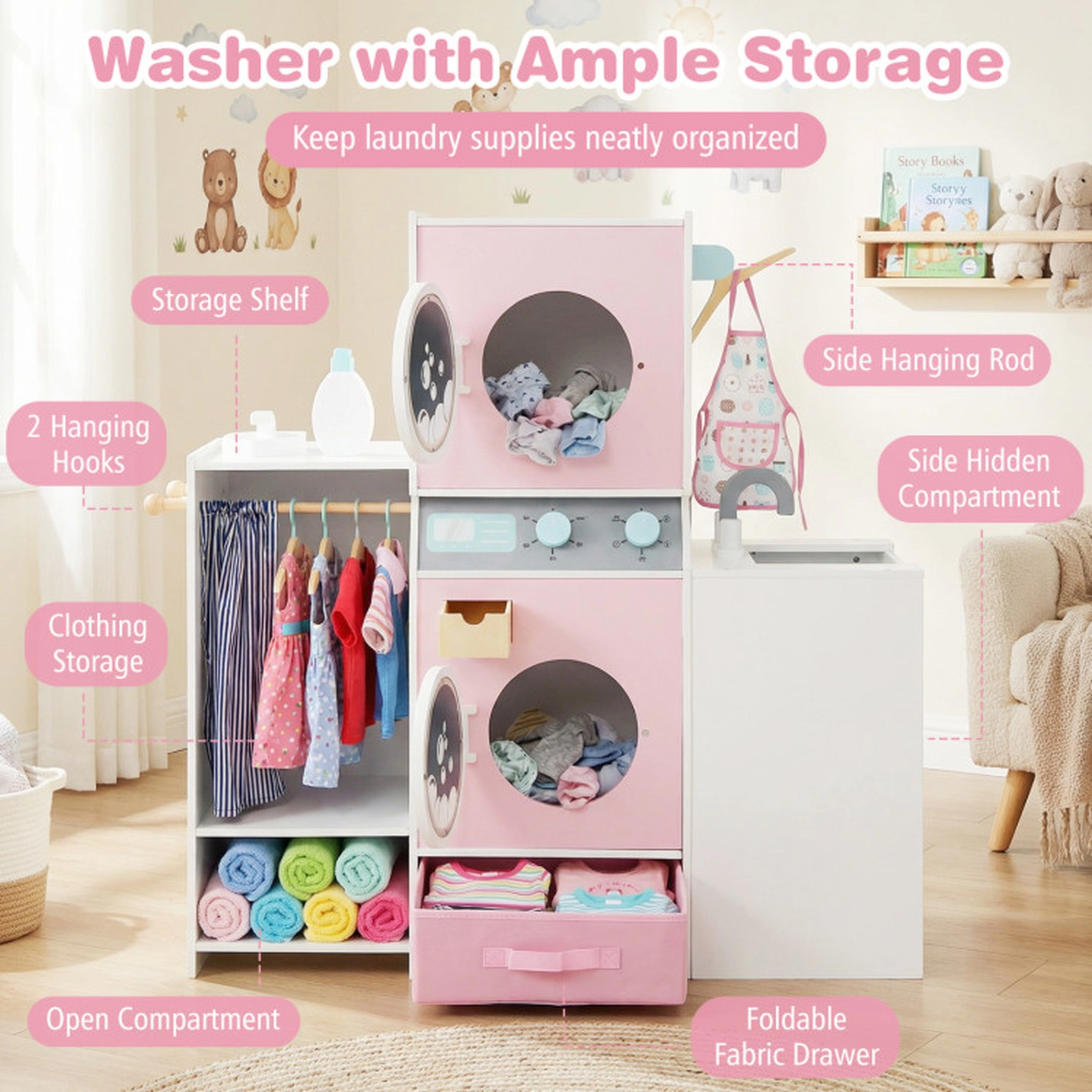 SUGIFT Wooden Kids Laundry Playset with Ironing Board Washer Dryer Sink Ages 3+ Pink