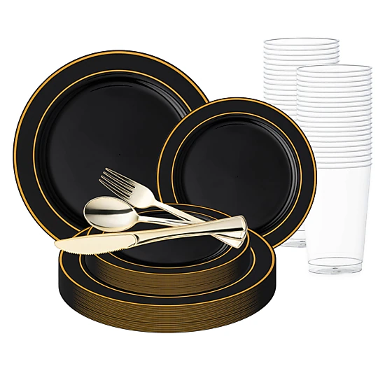 Smarty Had A Party Black with Gold Edge Rim Plastic Wedding Value Set