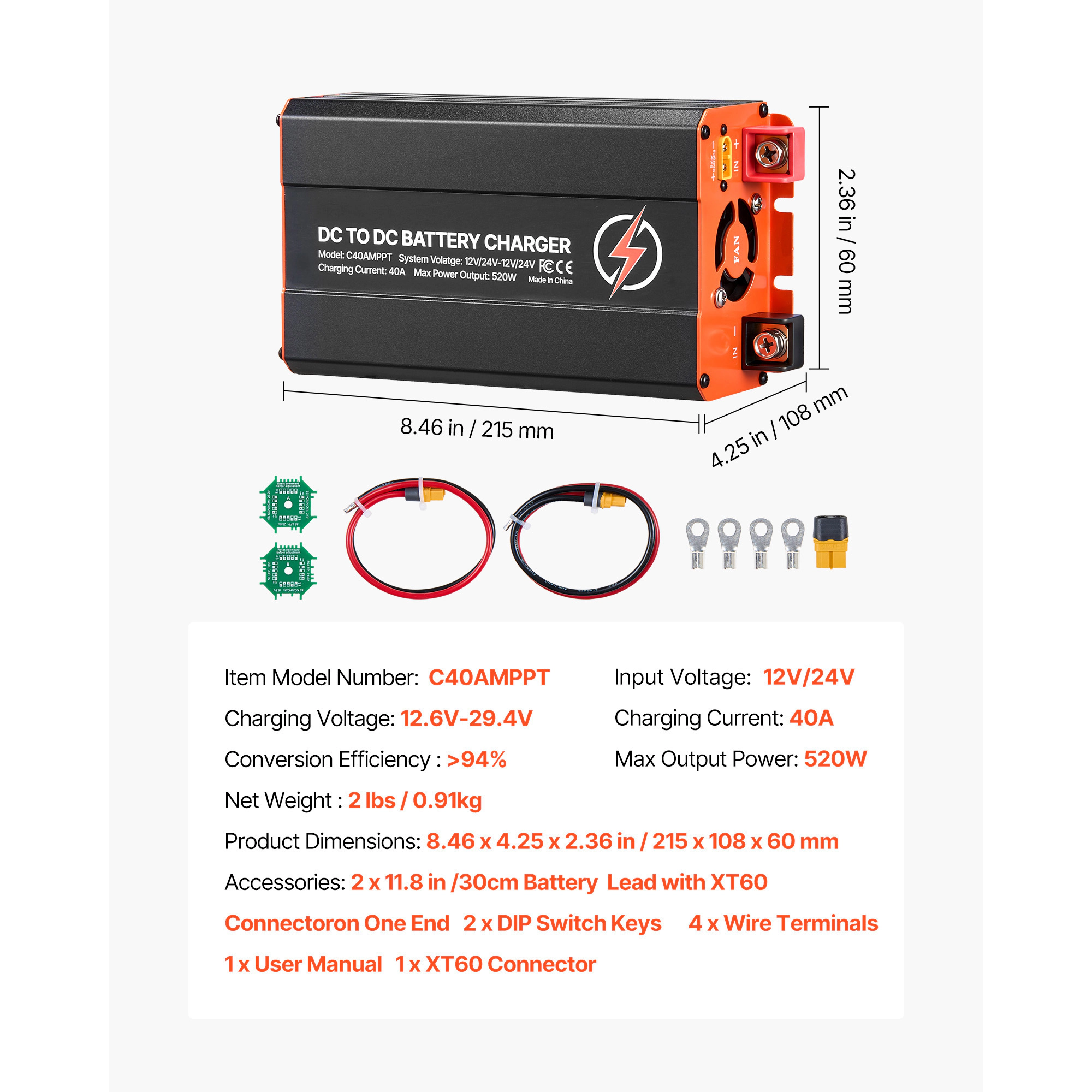 HONGGE DC to DC Charger with MPPT, On-Board Battery Charger, Solar Panel/Alternator Dual Input