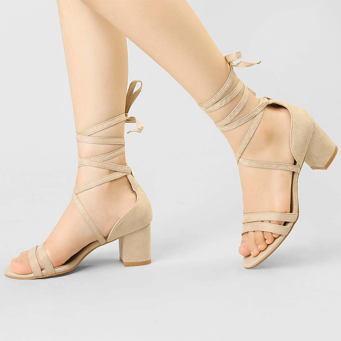 BLISSFUL STEP Women's Open Toe Color Block Heel Lace Up Sandals