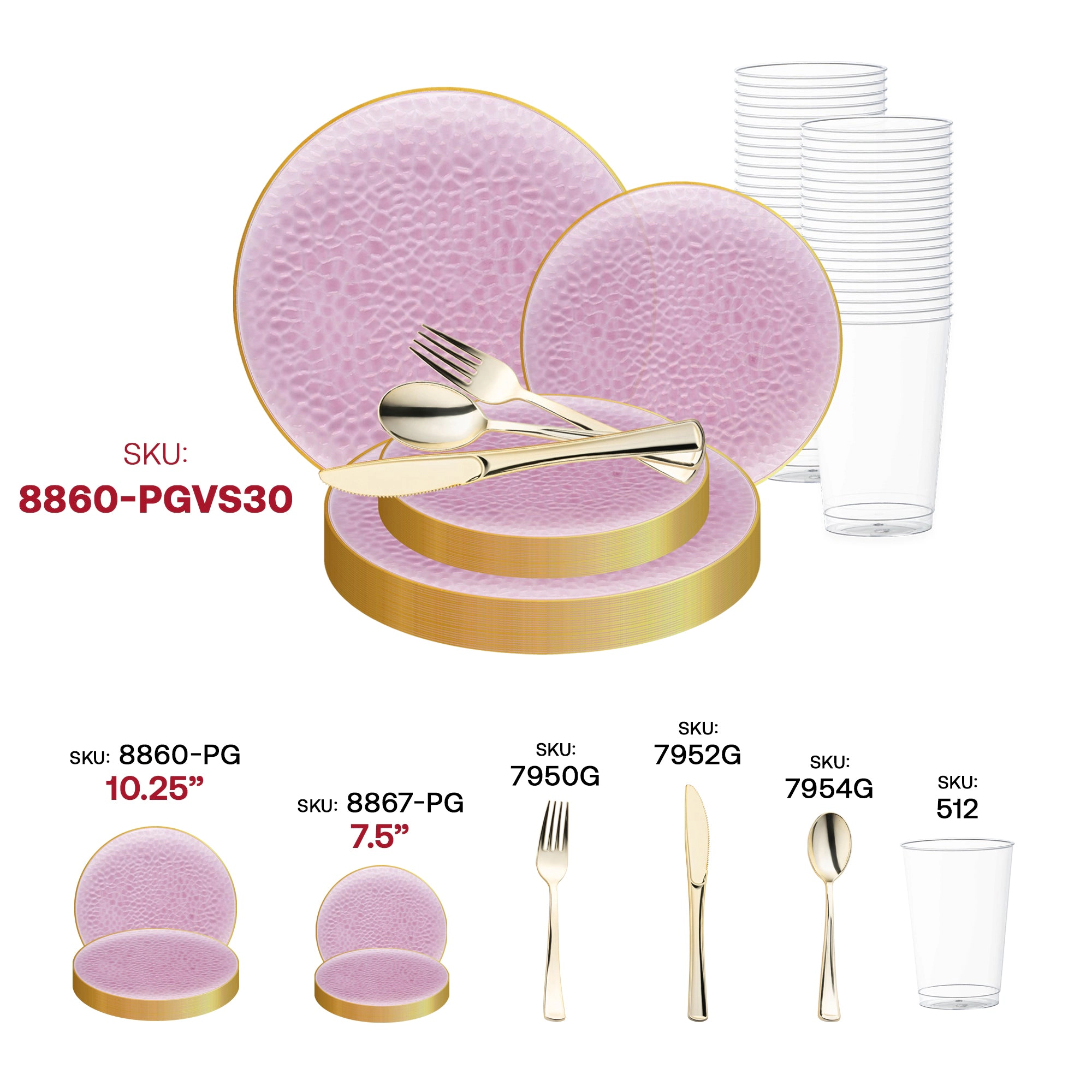 Smarty Had A Party Clear Pink with Gold Rim Hammered Glass Disposable Plastic Wedding Value Set