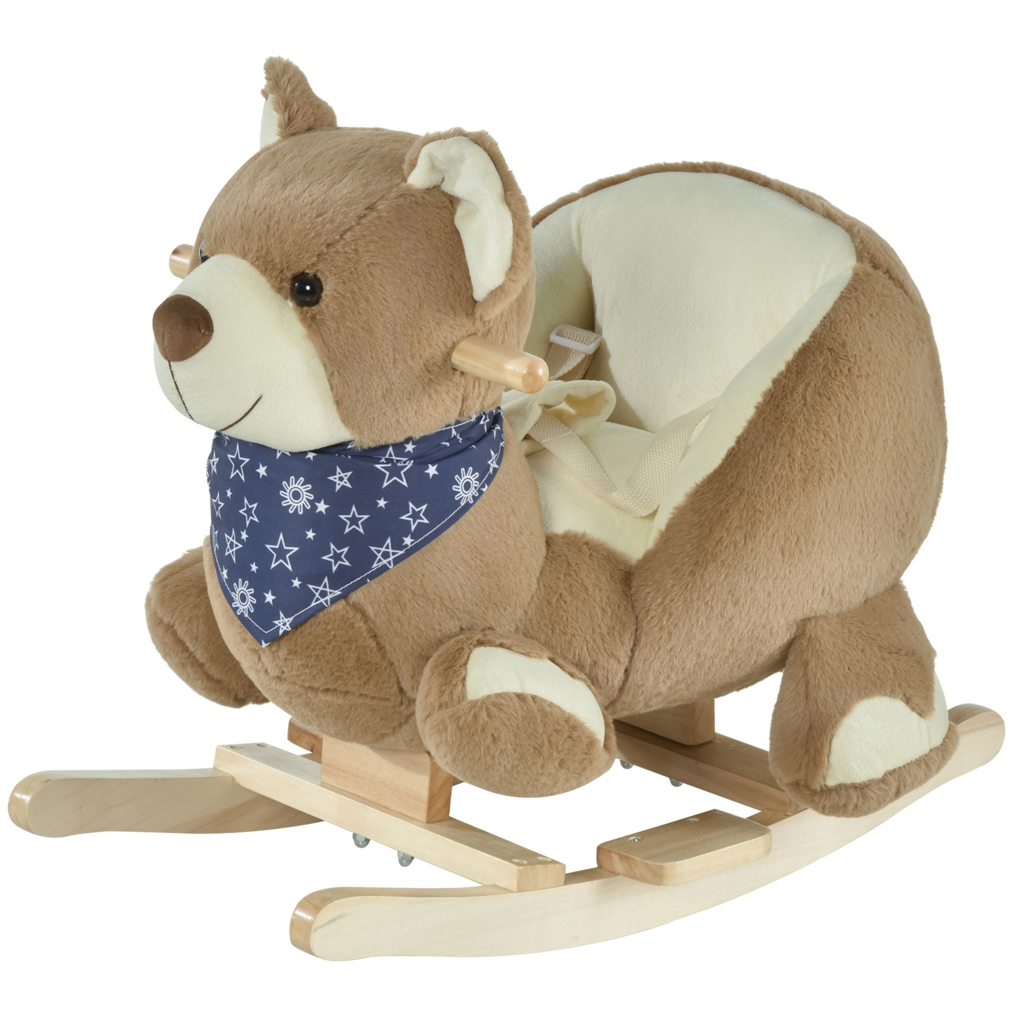 HONGGE Bear-Themed Baby Rocking Horse with Lullaby Sound, Poplar Wood Base and Safety Belt, 18-36 Months