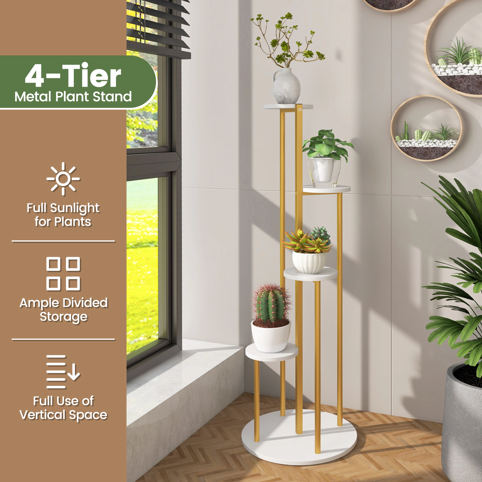 Slickblue 5-Tier Corner Plant Stand White MDF and Gold Metal Display Shelf