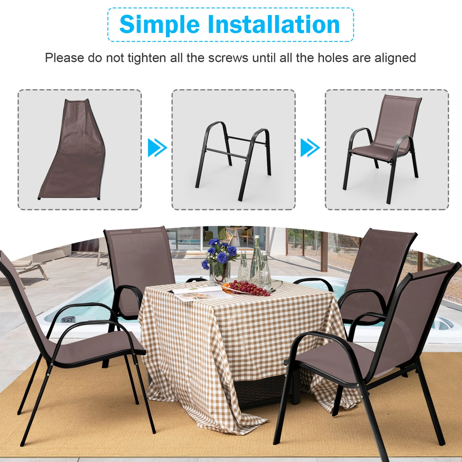 SUGIFT Set of 2 Stackable Patio Dining Chairs with Armrests 35.5-in Tall 330-lb Capacity Brown Fabric Gray Frame