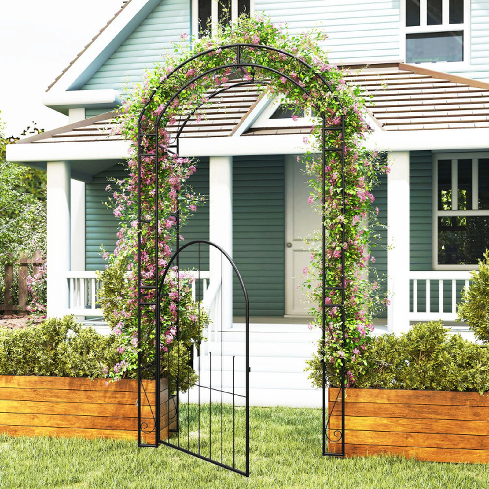 SUGIFT Black Metal Garden Arch Arbor with Lockable Gate and Scroll Patterns 45-in W 17-in D 84-in H 35-in Door W