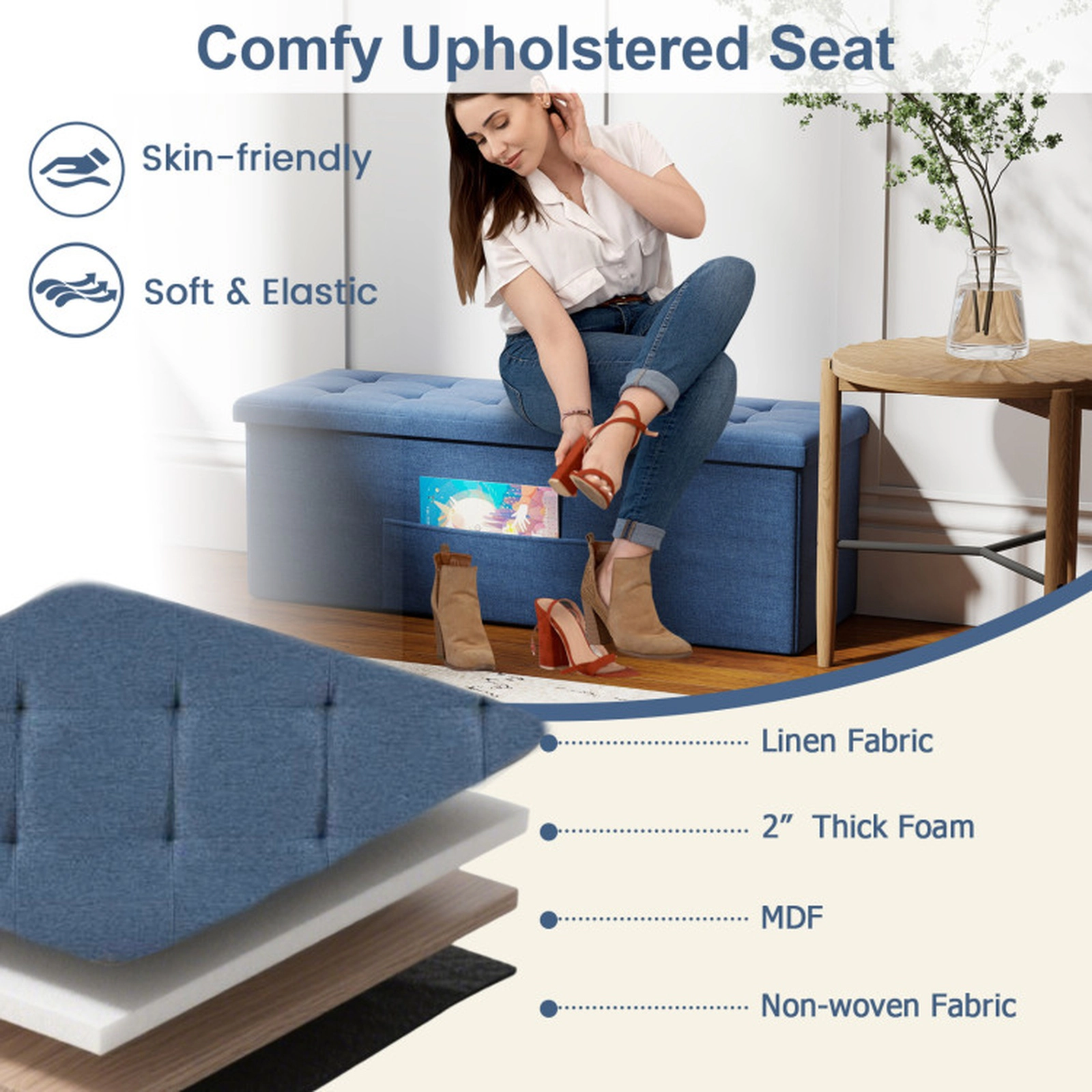 SUGIFT 43-Inch Folding Storage Ottoman Bench, Dark Gray Linen Seat, 38-Gallon Capacity