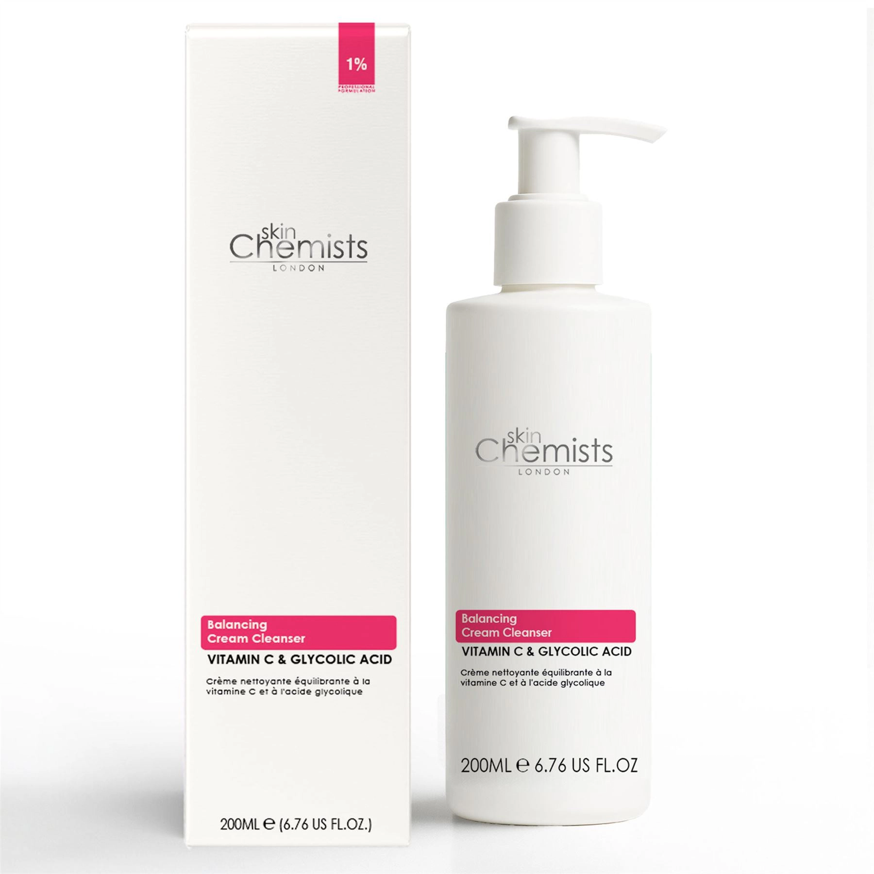 skinChemists Balancing Vitamin C & Glycolic Acid Cream Cleanser 200ml - For Acne, Blemishes & Large Pores