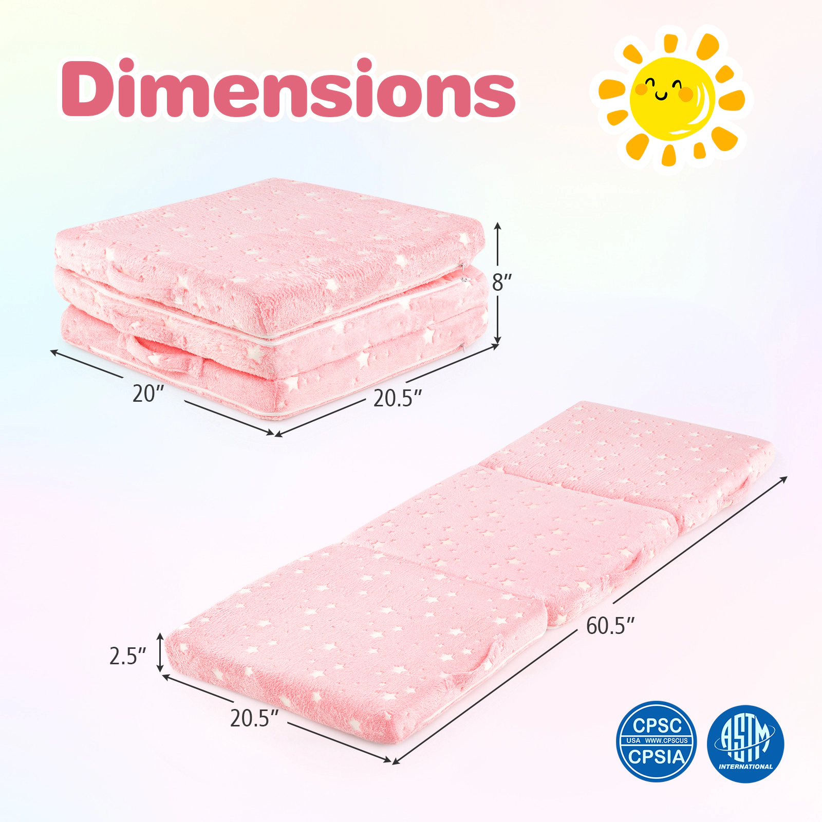 SUGIFT Tri-Folding Kids Floor Seat Cushion Mattress with Washable Flannel Cover 60.5-in Long Pink Glow-in-the-Dark