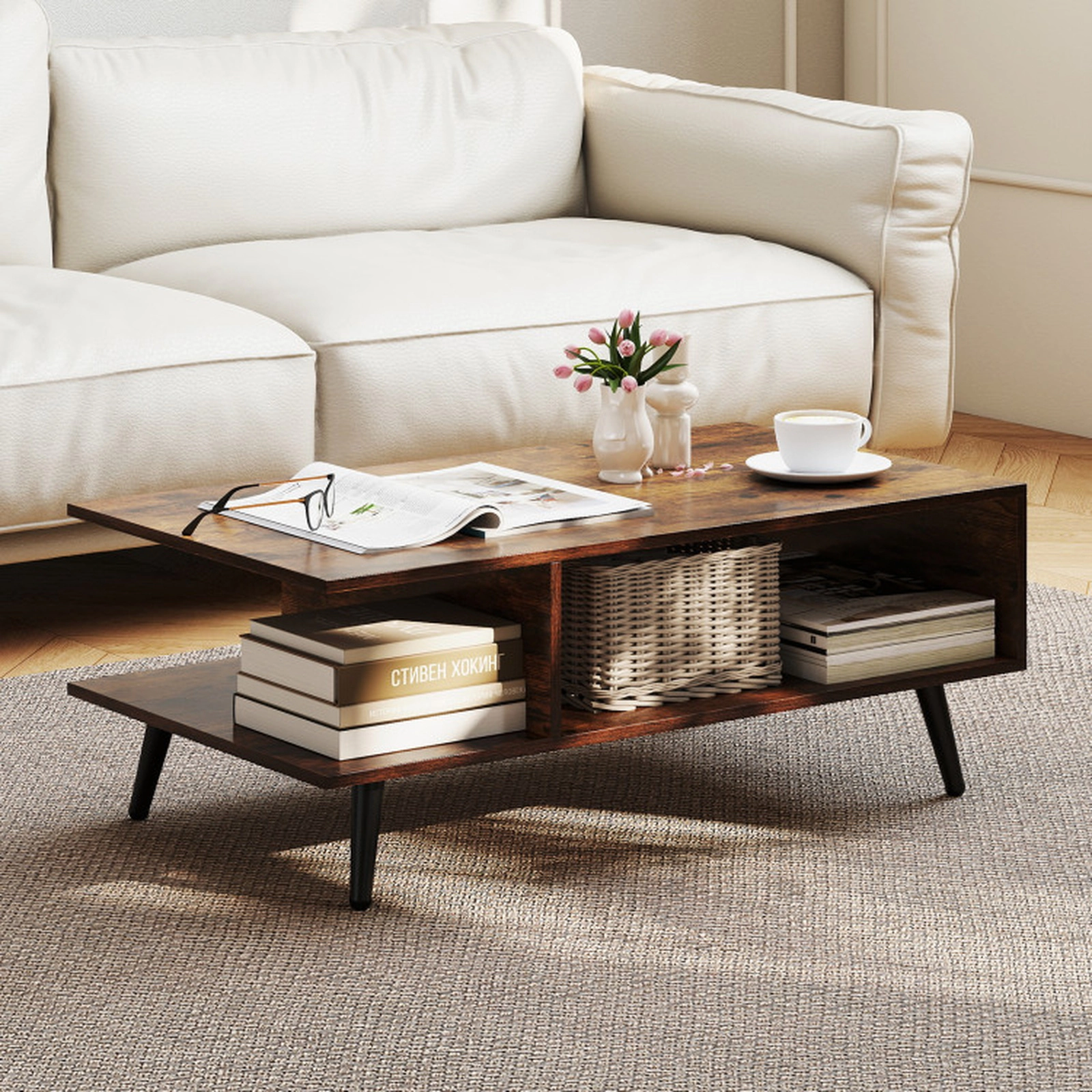 SUGIFT 2-Tier Open Compartments Tapered Metal Legs Coffee Table 31.5-in x 18-in x 12-in 110-lb Capacity Rustic Brown