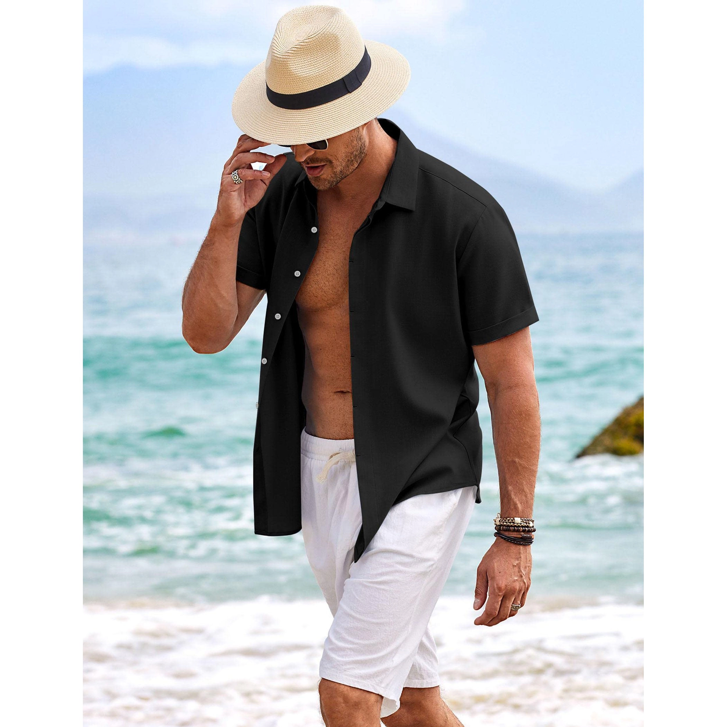 COOFANDY Mens Tropical Print Short Sleeve Shirt Casual Button Down Lapel Collar Tops