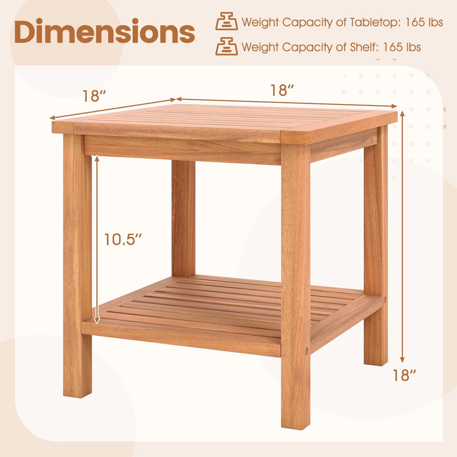 SUGIFT Acacia Wood Patio Side Table with Slatted Tabletop and Storage Shelf 165-lb Tabletop Capacity Natural