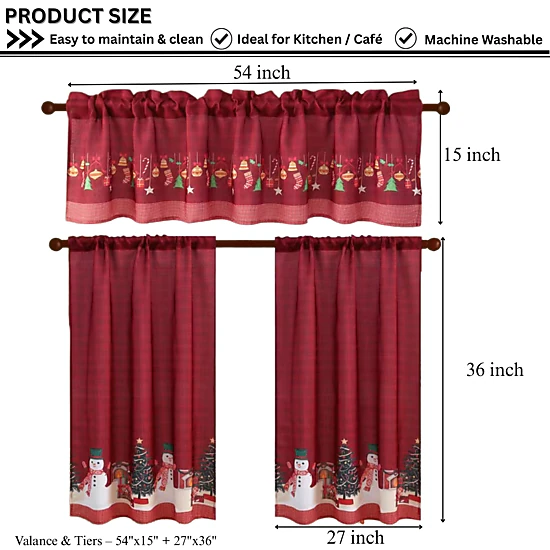 MarCielo 3 Piece Red Christmas Kitchen Curtains – Snowman Holiday Valance & Tiers