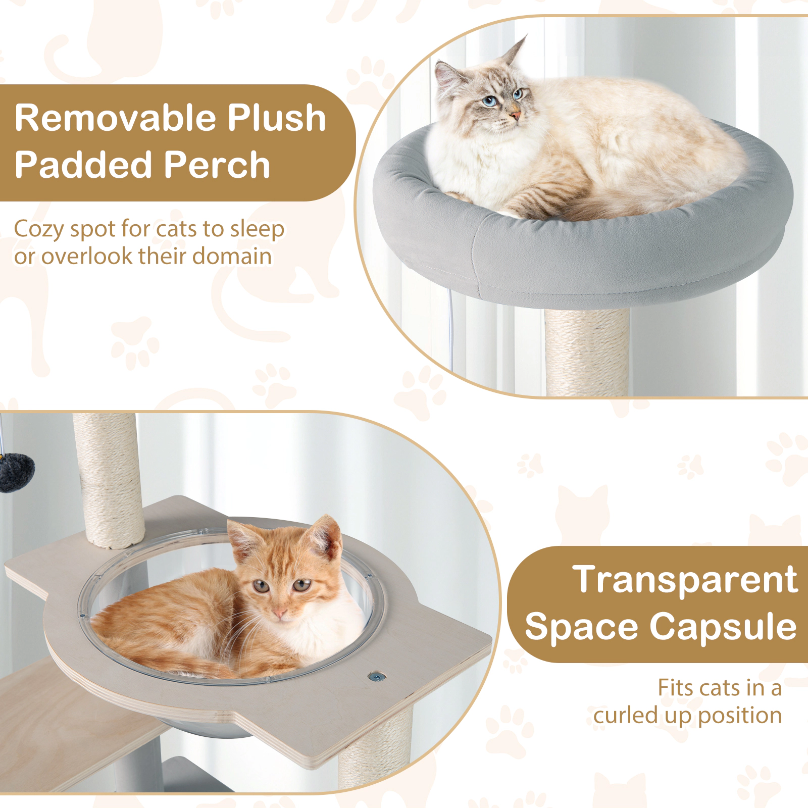 SUGIFT 44-in Natural Modern Cat Tree Tower with Transparent Space Capsule Padded Perch and Sisal Posts