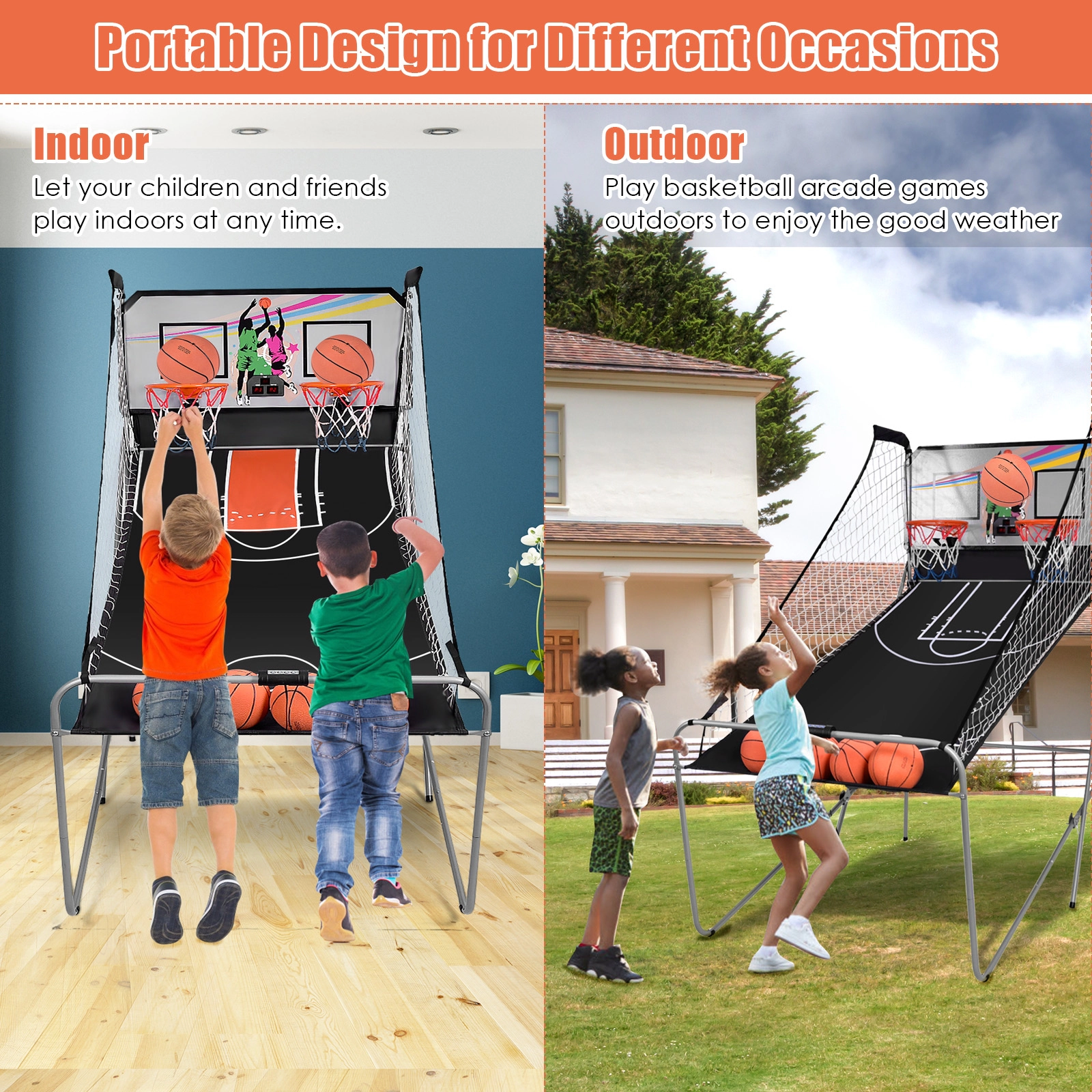 SUGIFT Double Electronic Basketball Game with 4 Spheres and Dual Hoops Indoor Arcade Style 80-in Deep Playfield As