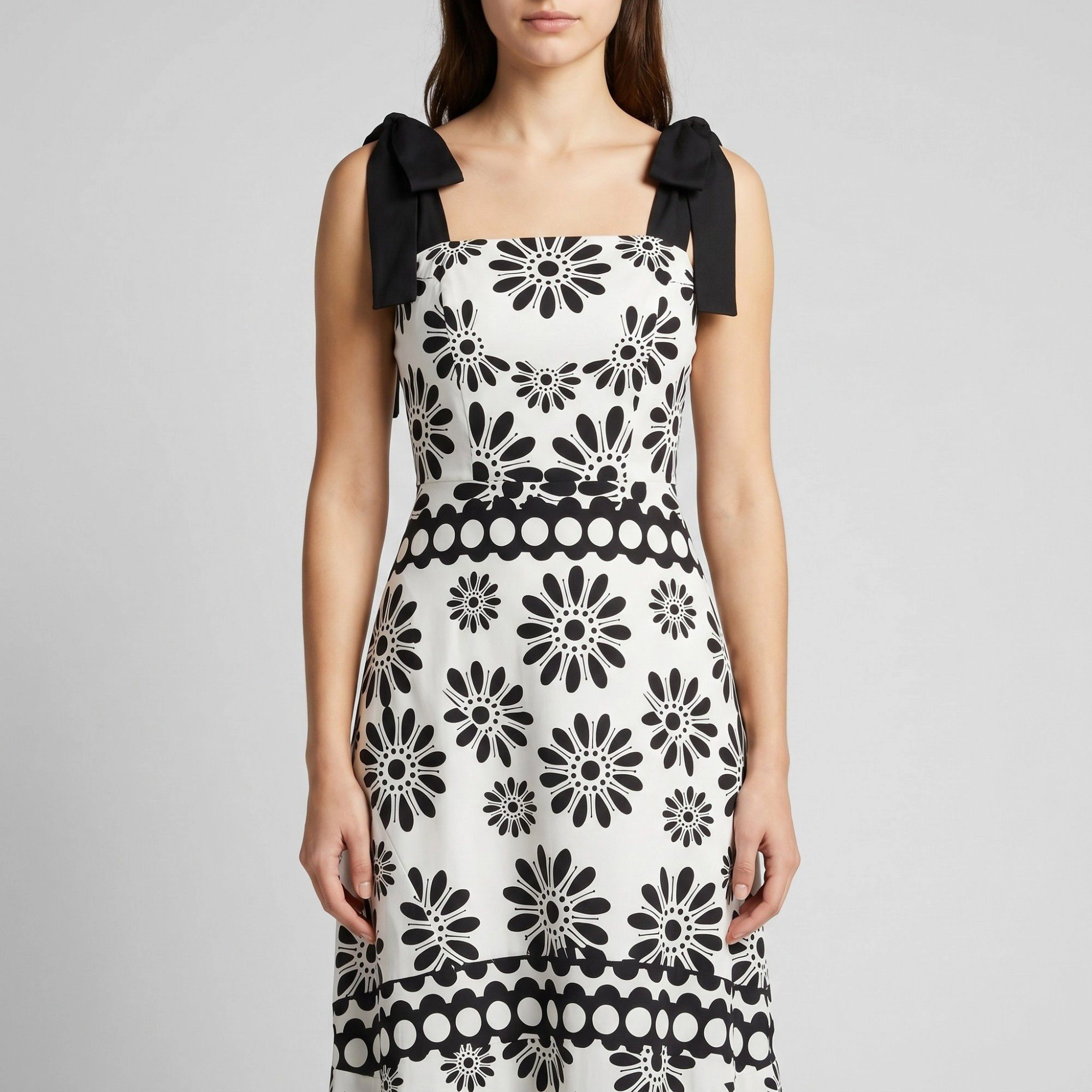 Anna-Kaci Women's Black White Floral Tie Shoulder Smocked Tiered Midi Dress