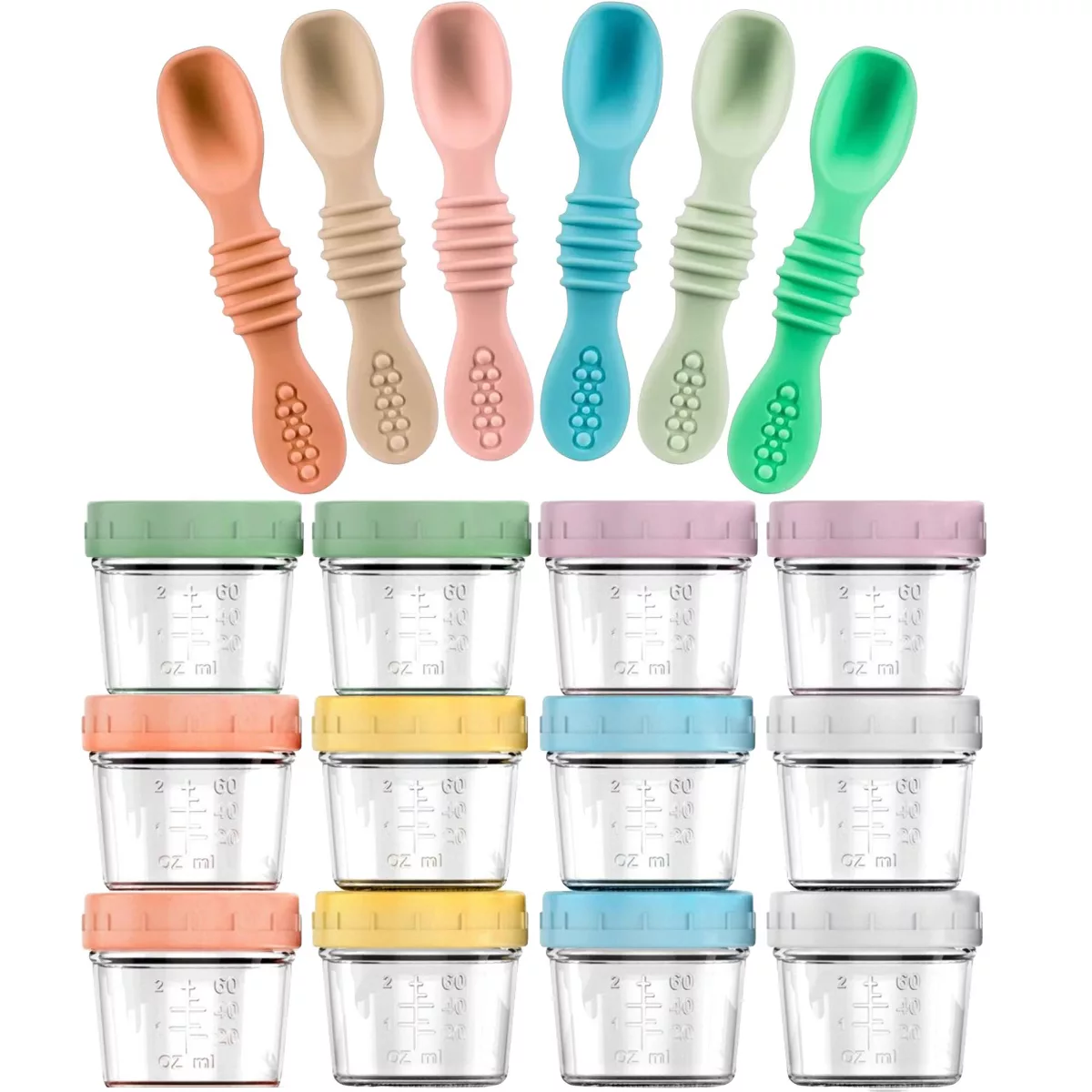 Sperric 12-Pack Glass Baby Food Storage Jars w/ Lids, 6-Pack Silicone Baby Self-Feeding Spoons – BPA-Free Leakproof Jars