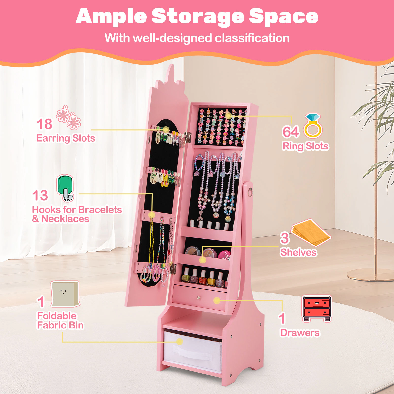 SUGIFT Full Length Mirror and 2 Tilt Angles Kids Jewelry Armoire Cabinet