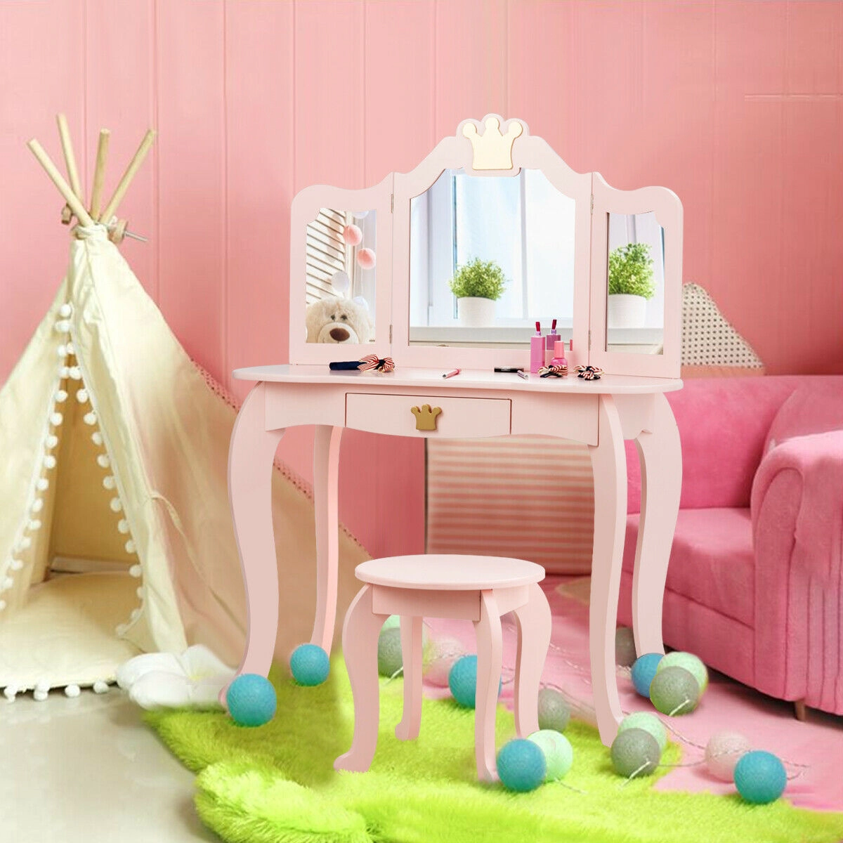 SUGIFT Kids Makeup Dressing Table Vanity with Tri-folding Mirror and Stool 33-lb Table 66-lb Stool Capacity Pink/White