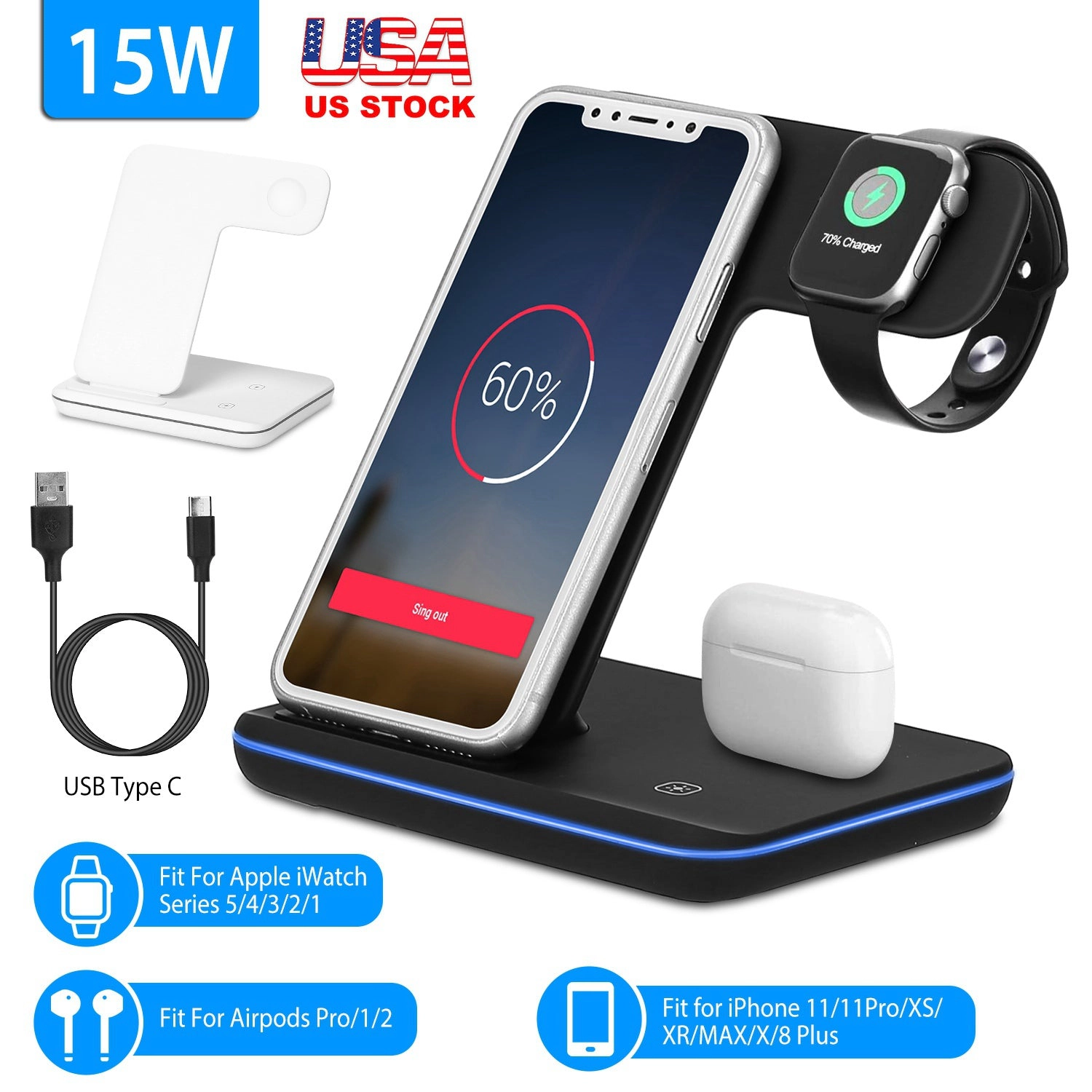 GBruno 3-in-1 Fast Wireless Charging Station