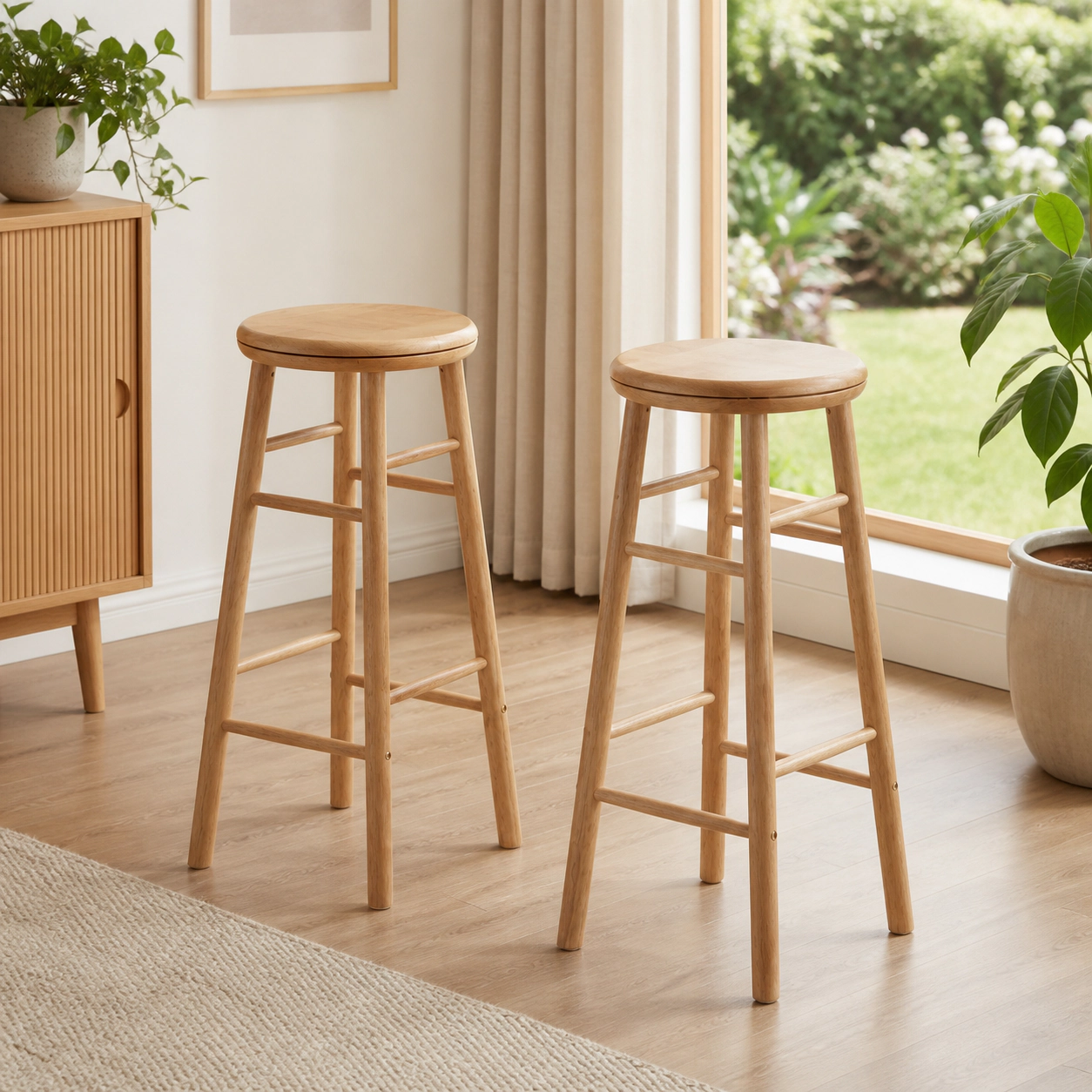 SUGIFT Set of 2 Natural Rubber Wood Swivel Counter-Height Bar Stools, 29-Inch Round Seats