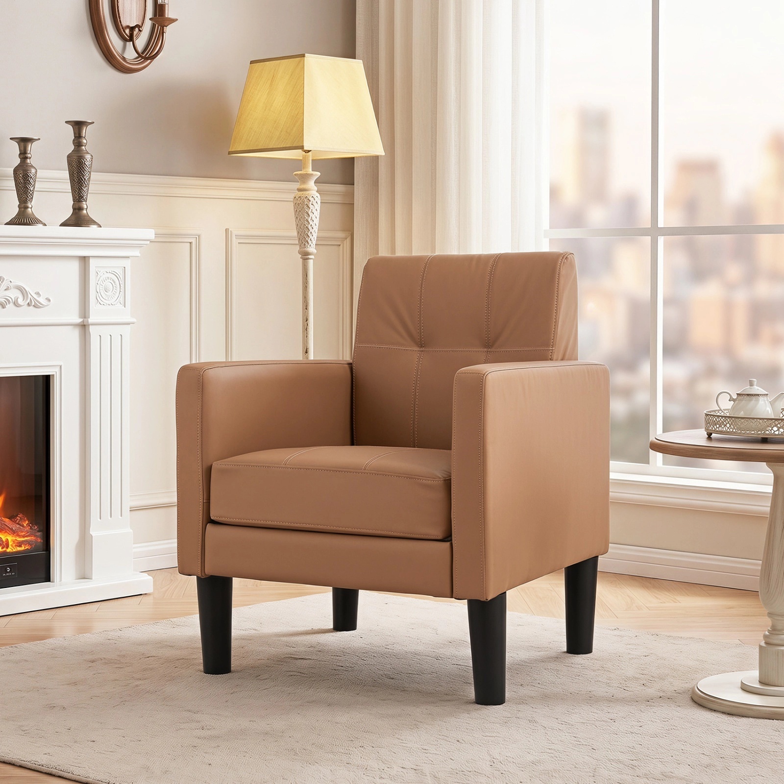 SUGIFT Brown PU Leather Accent Chair with Padded Arms, Removable Cushion, 350-lb Capacity