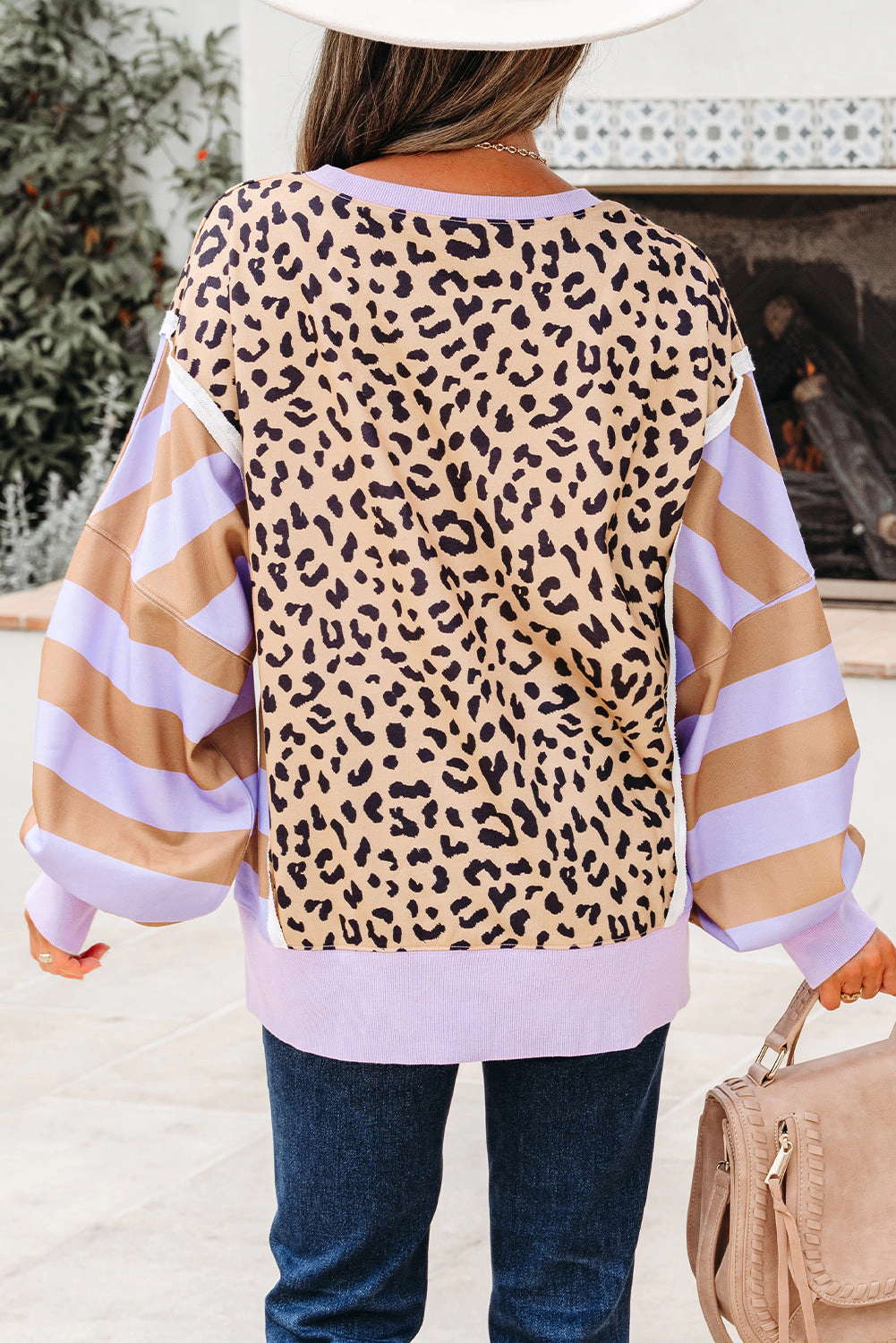 Threaded Pear Women's Olivia Stripe Leopard Casual Sweatshirt
