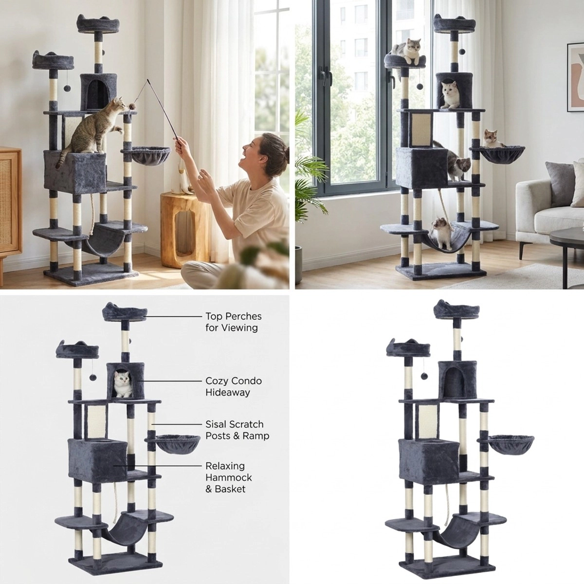 212 Main Paw Hut 81 in. Cat Tree with Cat Scratching Posts - Gray