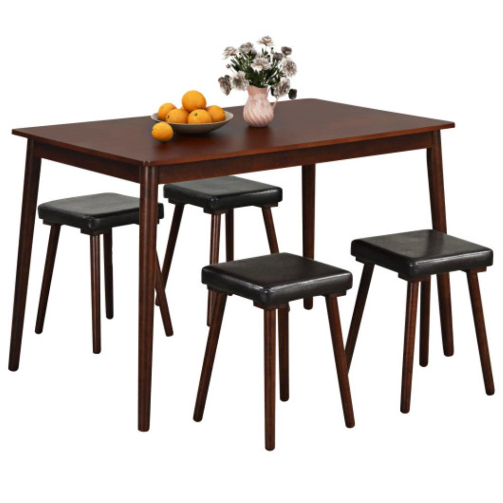 Hivvago 5 Piece Dining Table Set For 4 With 4 Upholstered Stools And Rubber Wood Legs-Brown