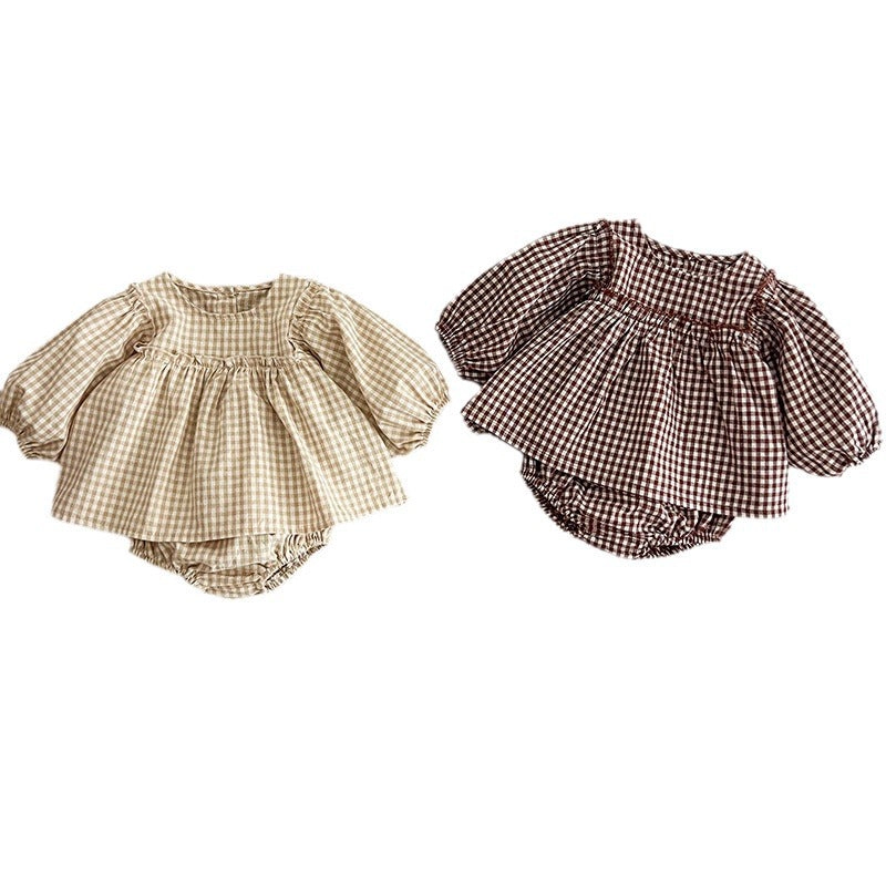 MyKids-USA Autumn Hot Selling Baby Girls Long Sleeves Plaid Top Dress And Bloomer Clothing Set