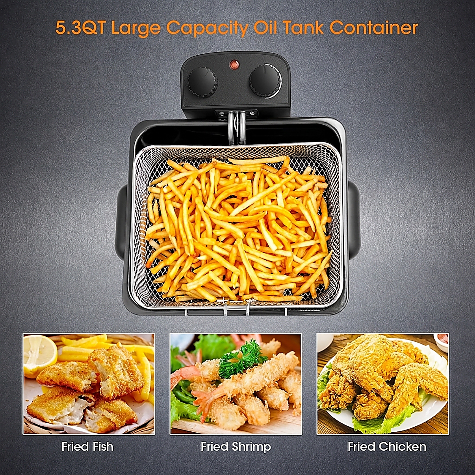 SUGIFT Silver Stainless Steel Electric Deep Fryer with 3 Baskets 1700W 5.3-Qt Oil Tank 21-Cup Food 20-in W 14-in D