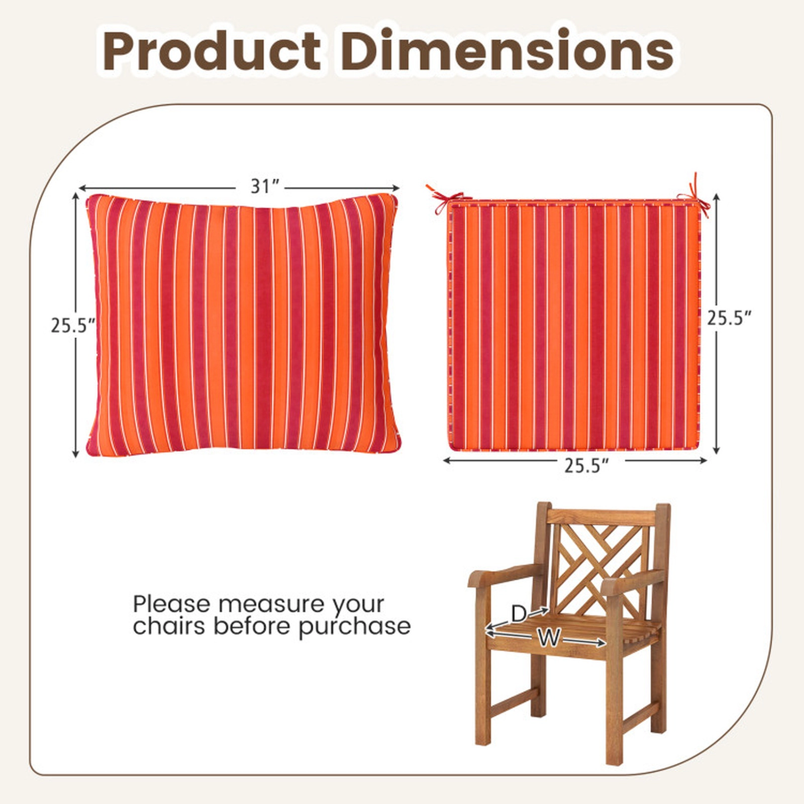 SUGIFT Orange Deep Seat Outdoor Patio Chair Cushion Set with Back Pad and Rope Belts 25-in W 25-in D 5-in H