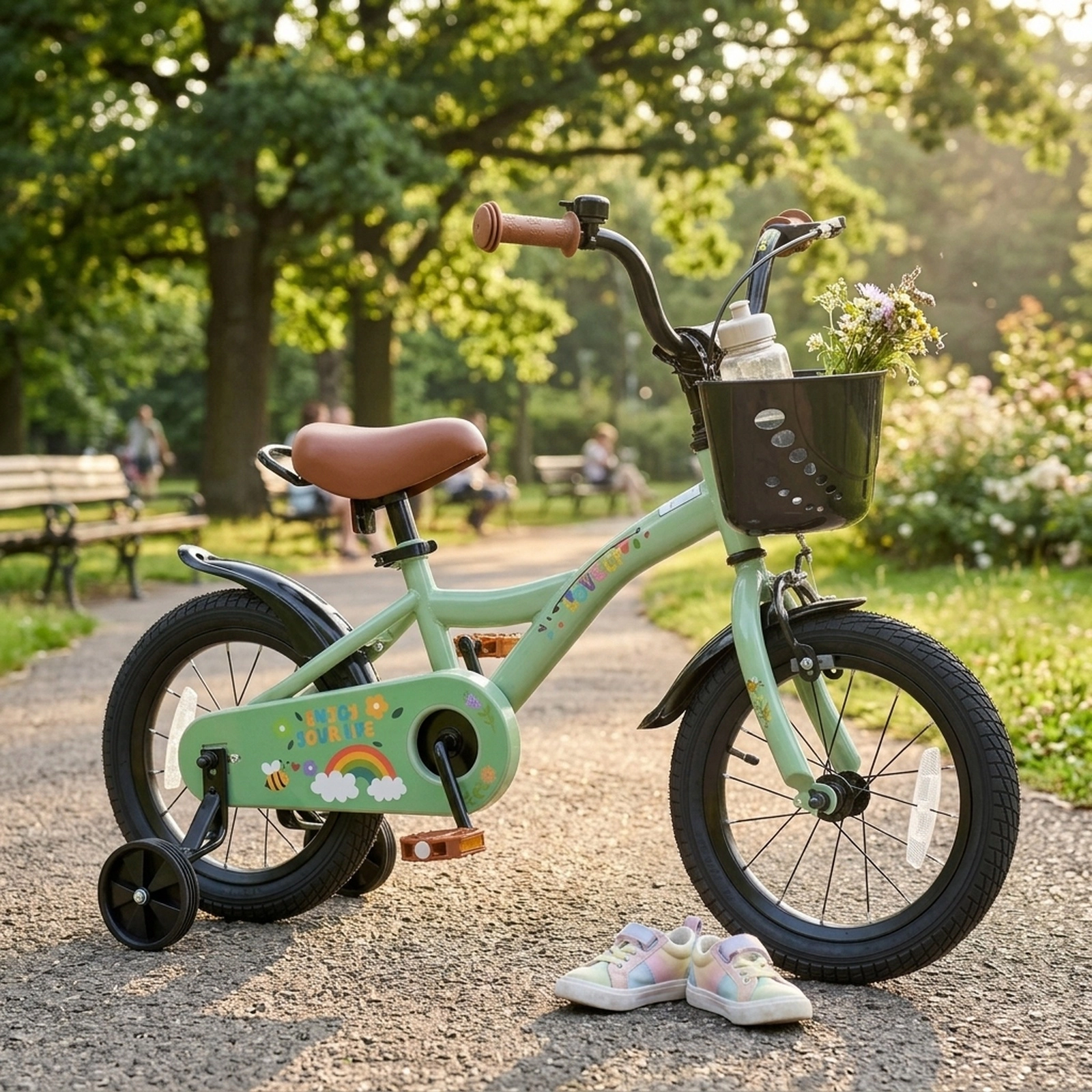 14-in Girls Bike with Front Basket Carry Handle and Removable Training Wheels for Ages 3-5 Mudguards and Bell Bicycle