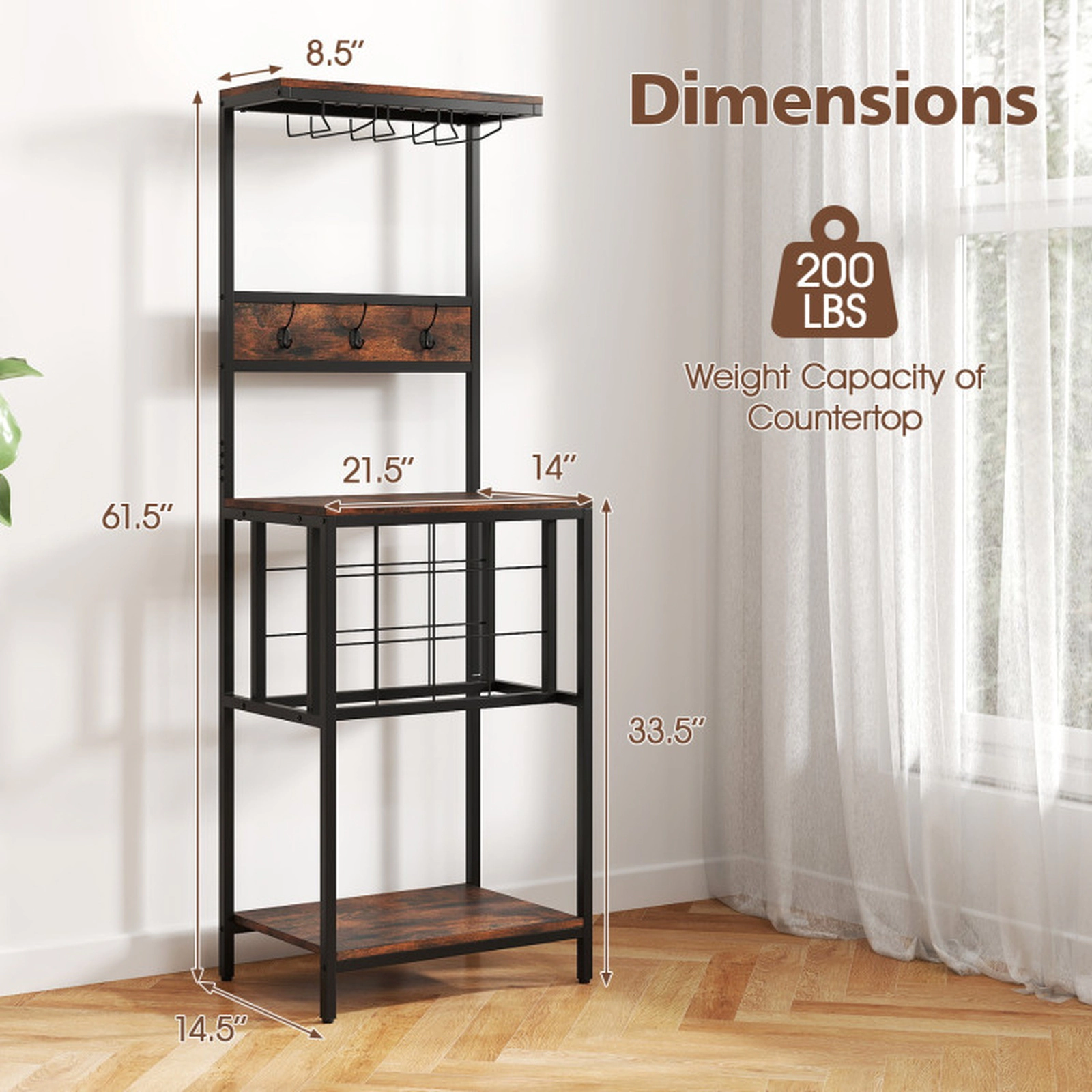 SUGIFT Freestanding Wine Bar Cabinet Rustic Brown with 12 Bottle Rack and Glass Racks