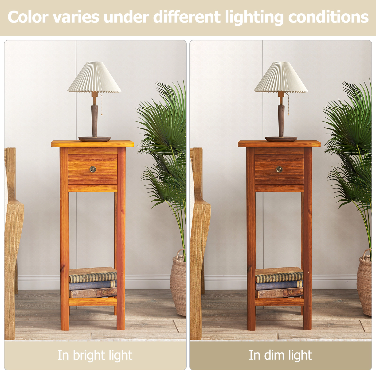 SUGIFT Slim Acacia Wood and MDF Drawer and Open Shelf Storage Nightstand In Natural