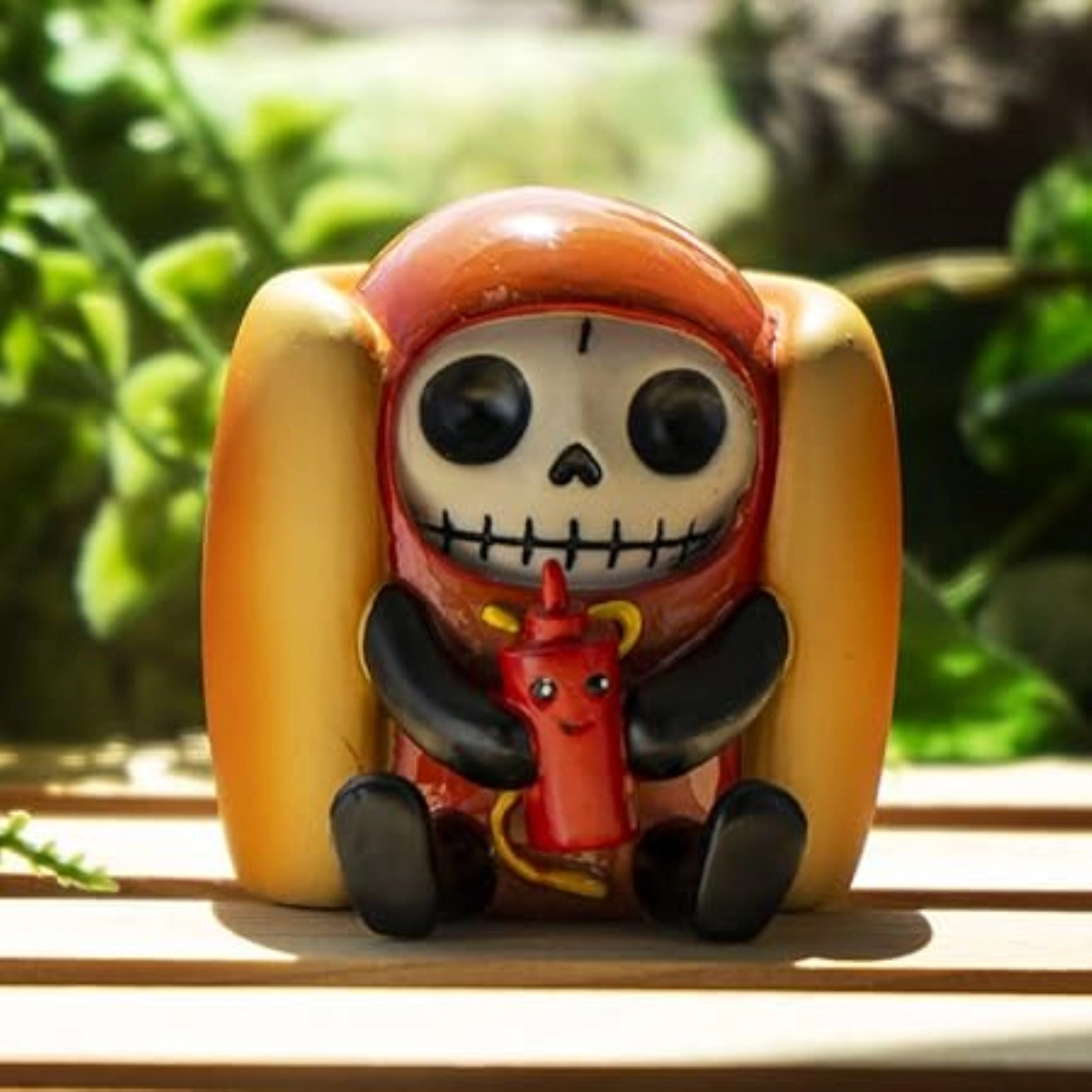Pacific Giftware Furrybones Frank The Wiener Hotdog Bun With Ketchup Bottle Skeleton in Costume Figurine 2.4 inch
