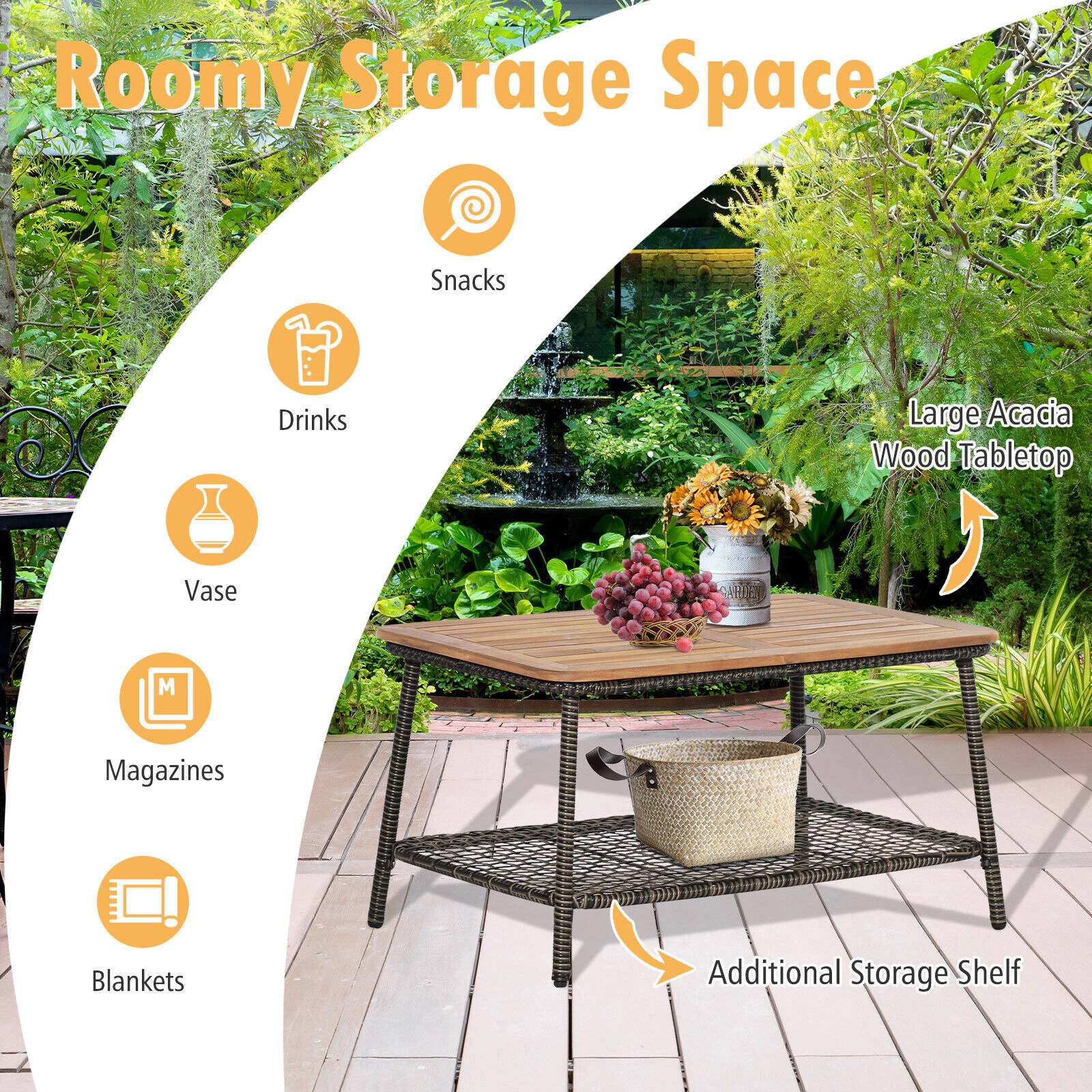 LJG 5 Pieces Patio Rattan Furniture Set Cushioned Sofa Armrest Wooden Tabletop