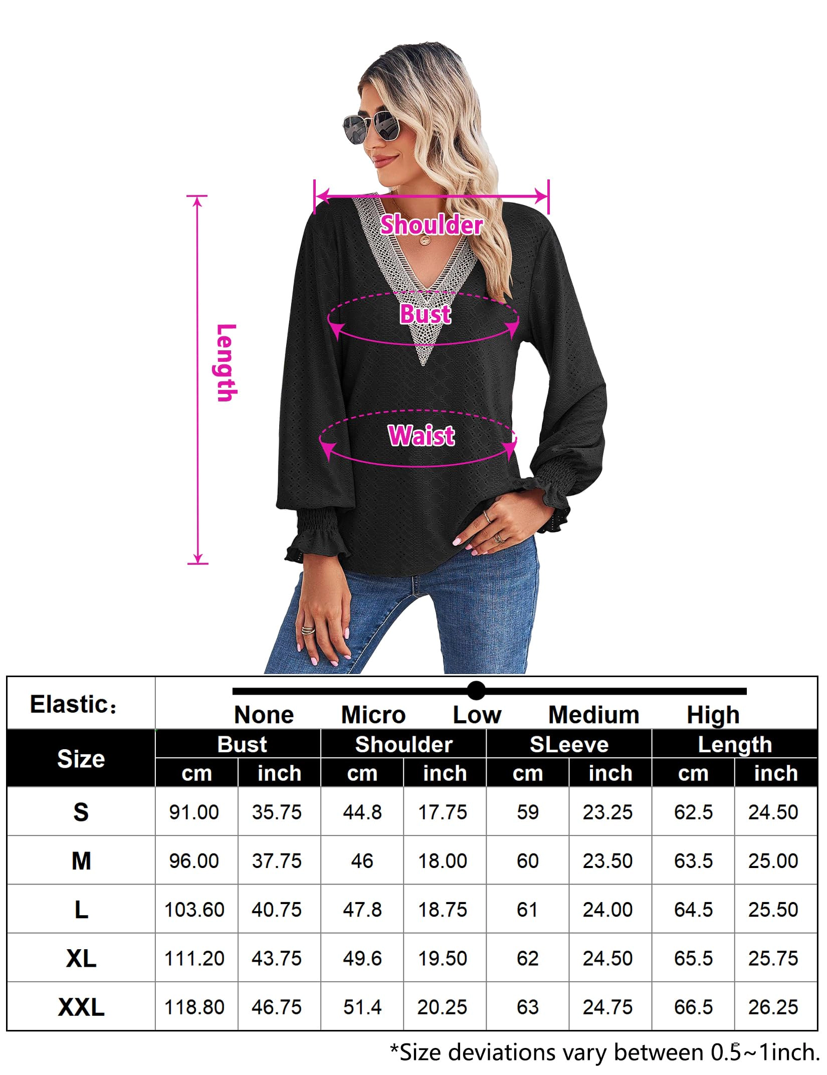 KOJOOIN Women V Neck Eyelet Blouse Lace Trim Long Balloon Sleeve Tunic Top Smocked Ruffle Cuff Trendy Shirt