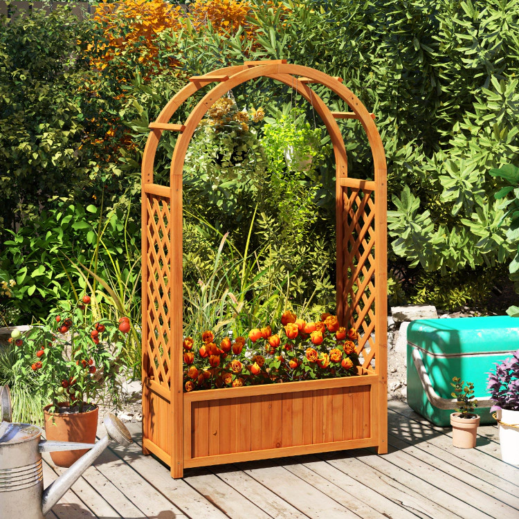Hivvago Raised Garden Bed with Lattice Trellis Ached Roof Wooden Elevated Planter Box-Brown