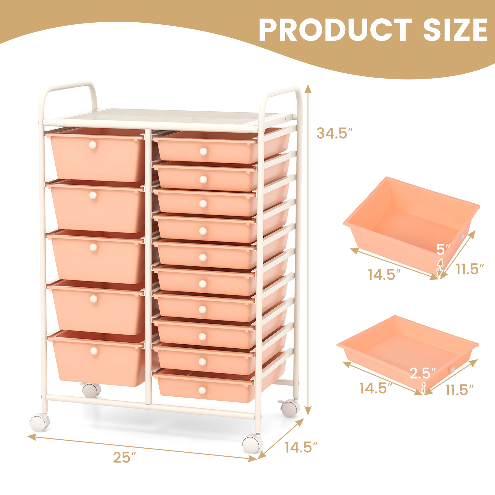 SUGIFT Peach 34-in 15-Drawer Rolling Utility Cart Kitchen Pantry and Laundry Organizer with Locking Casters