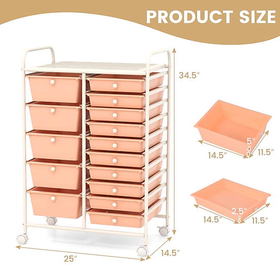 SUGIFT Peach 34-in 15-Drawer Rolling Utility Cart Kitchen Pantry and Laundry Organizer with Locking Casters