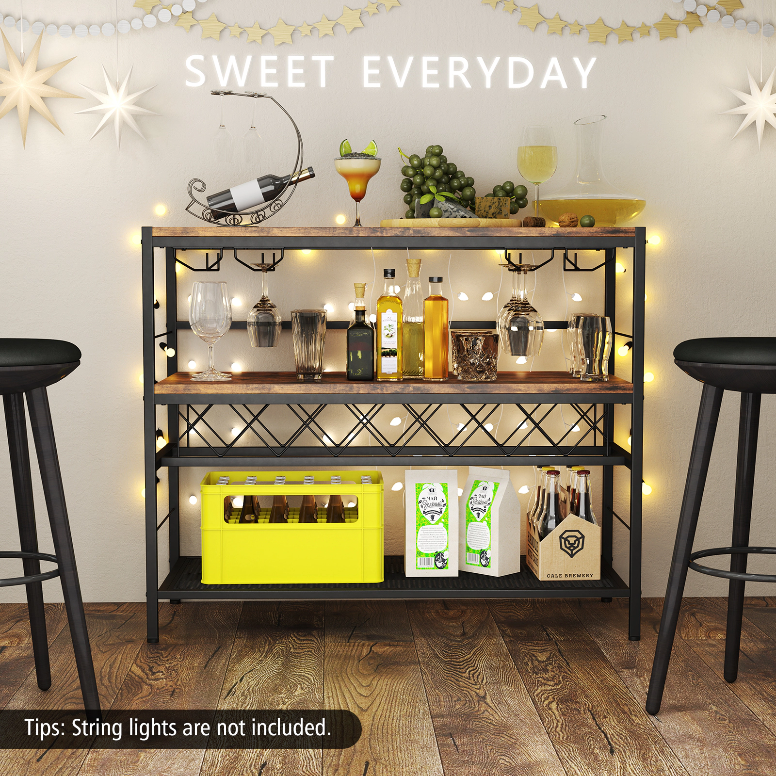 SUGIFT Rustic Brown 41-in 4-Tier Bar Table with Wine Rack Mini Bar Cabinet for 7 Bottles and 16 Glasses