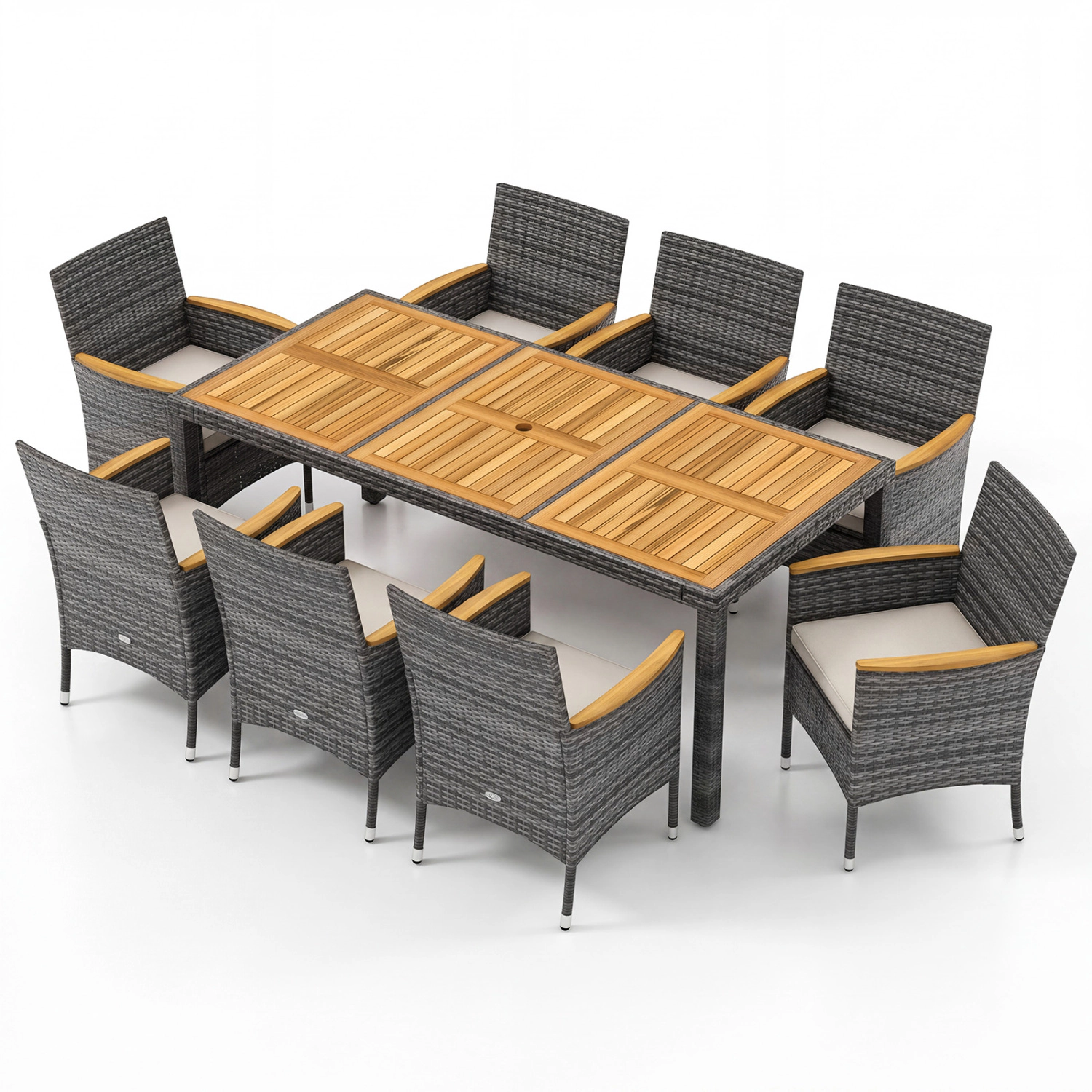 LJG 9 Pieces Rattan Patio Dining Set with Acacia Wood Table and Cushioned Chair