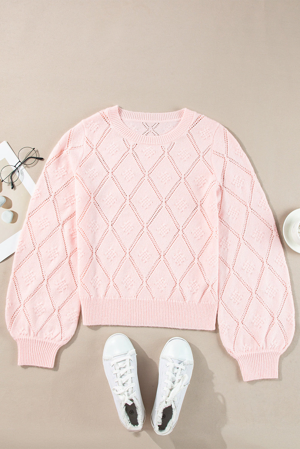 Threaded Pear Women's Molly Openwork Plaid Puff Sleeve Cropped Sweater