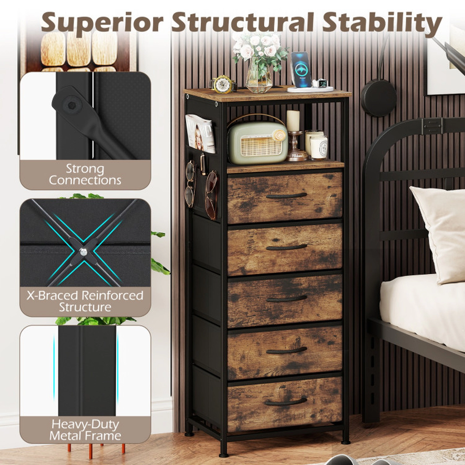 SUGIFT Nightstand Integrated Charging Station Modern Bedside Table 123-Lb Tabletop Capacity 39.4-in Tall Rustic Brown +
