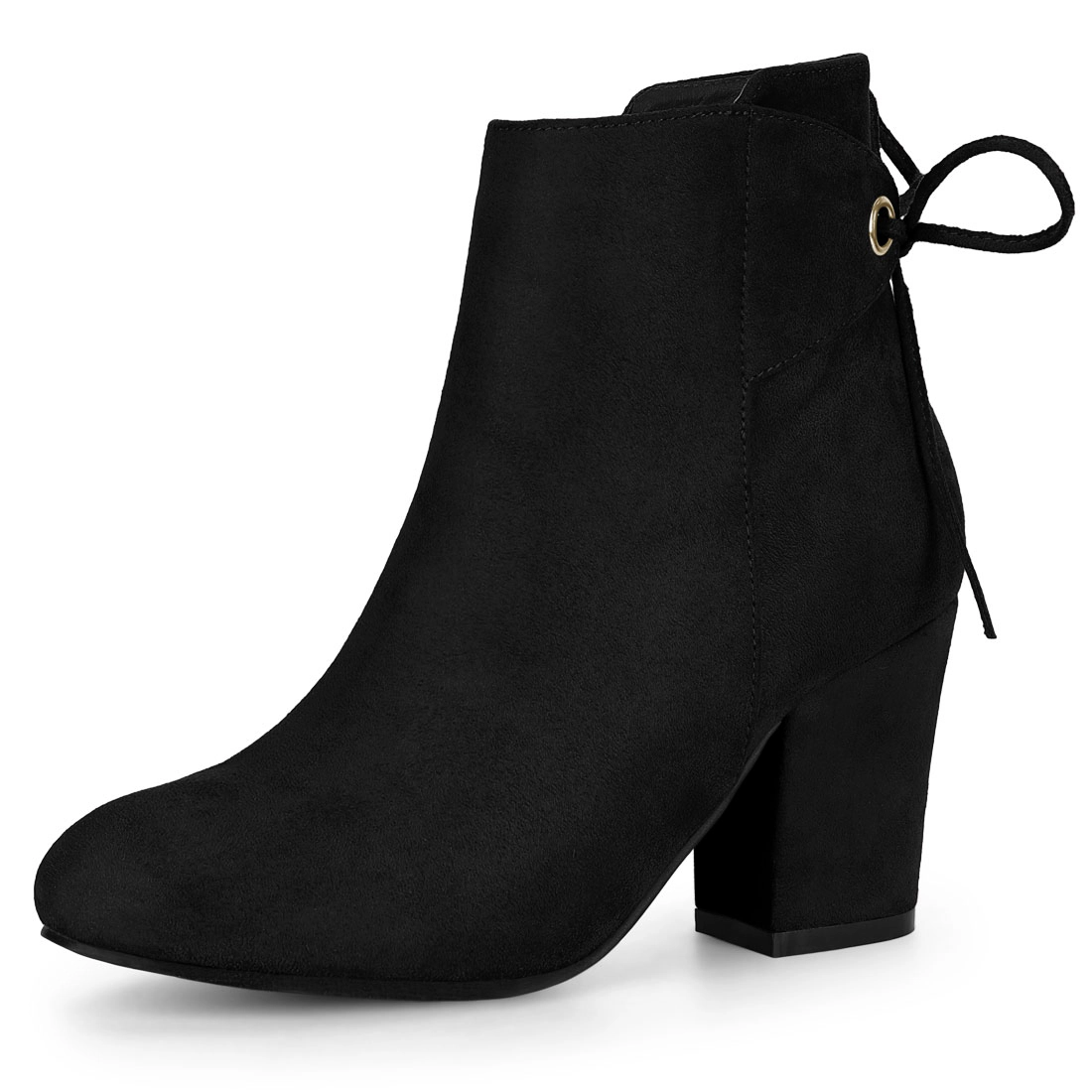 BLISSFUL STEP Women Faux Suede Round Toe Block Heel Zipper Lace Up Ankle Boots