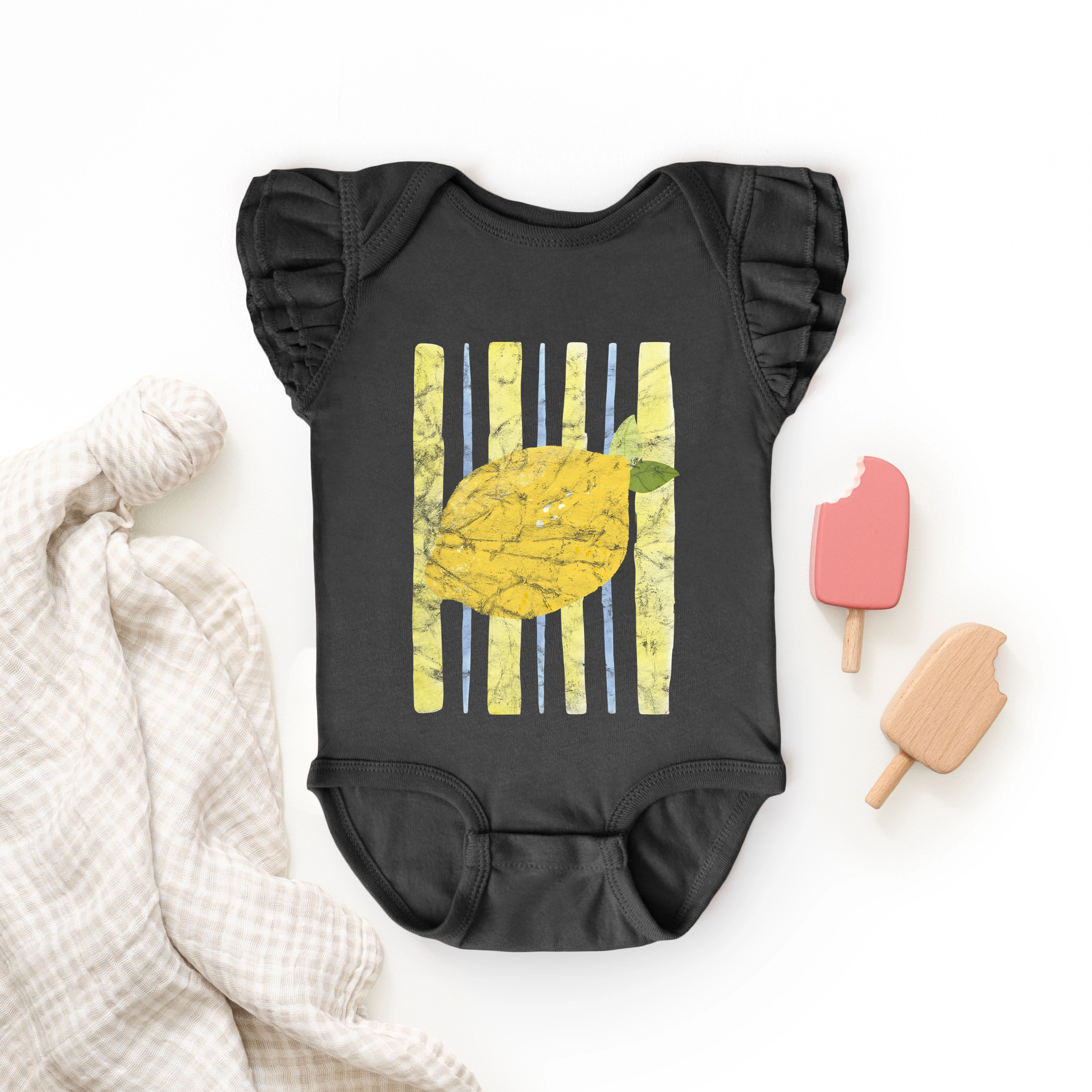 The Juniper Shop - Infant Girl's Flutter Sleeve Bodysuit Lemon Stripes