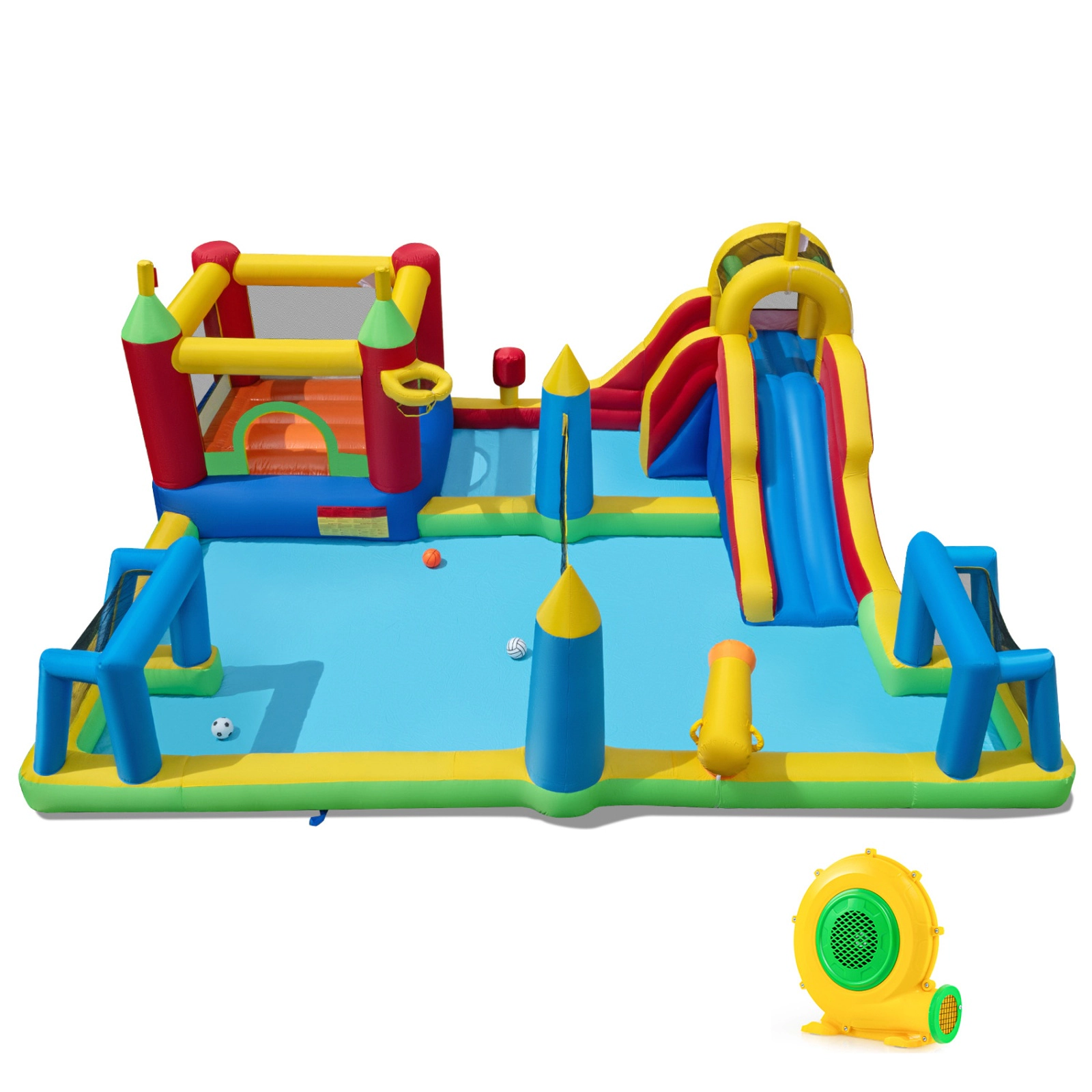 SUGIFT 9-in-1 Inflatable Bounce House Water Slide with Football Goals Volleyball Net and 680W Blower