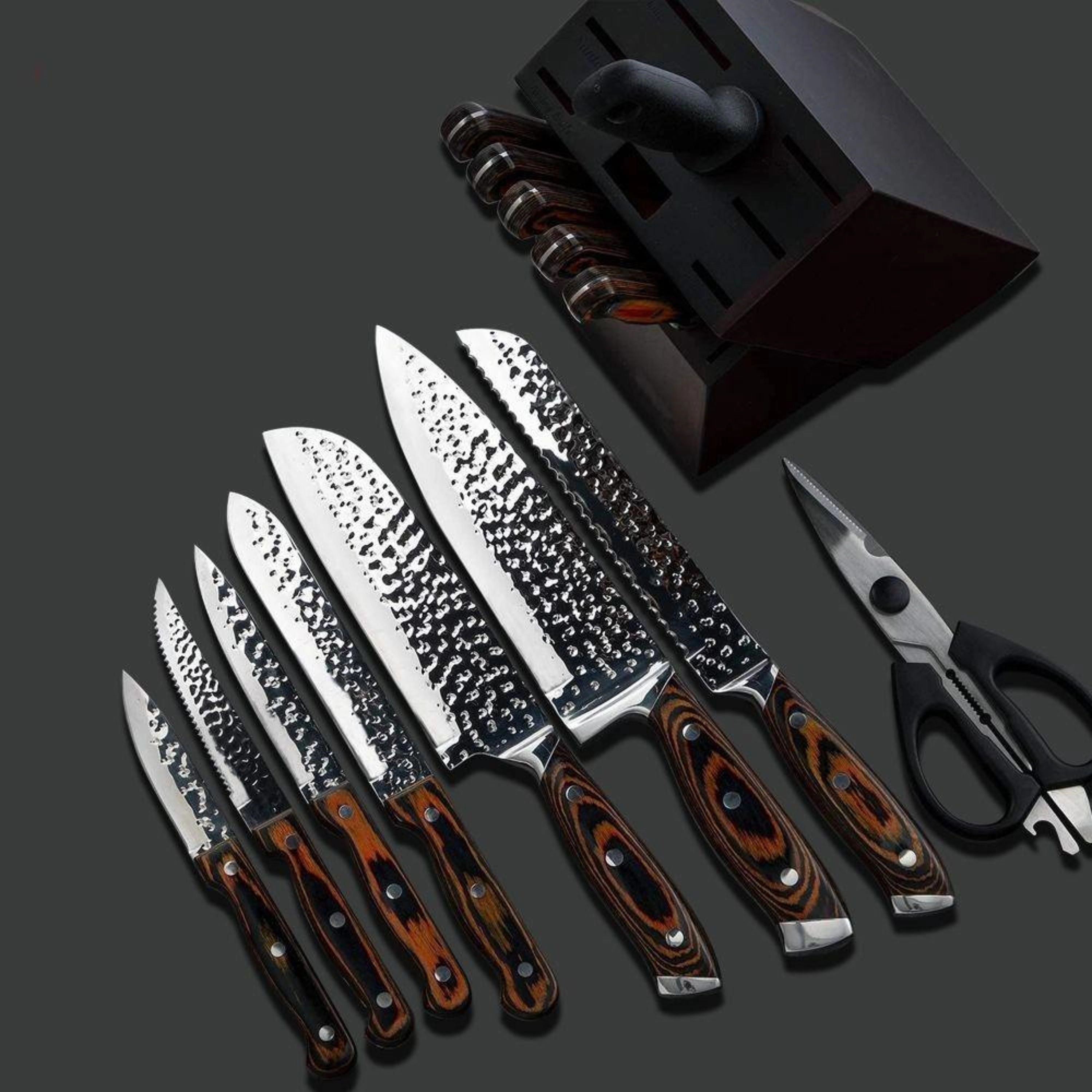 Kitcheniva 15-Piece Stainless Steel Hammer Forged Knife Set With Wooden Block And Handle